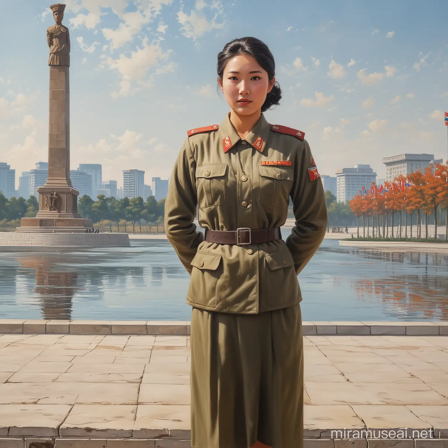 Peinture impressionniste, femme soldat nord coréenne devant la statut du Juche à Pyongyang