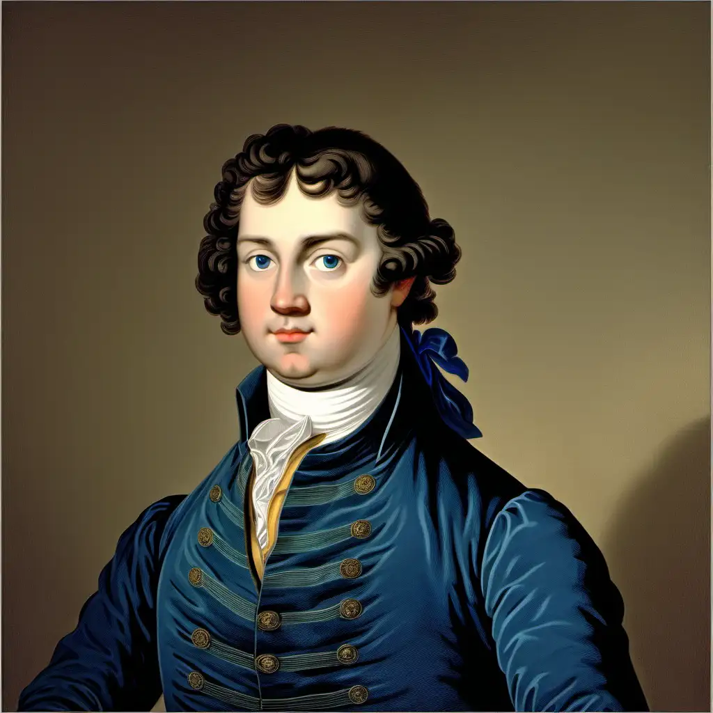 18th century pudgy young man straight dark brown hair deep blue eyes