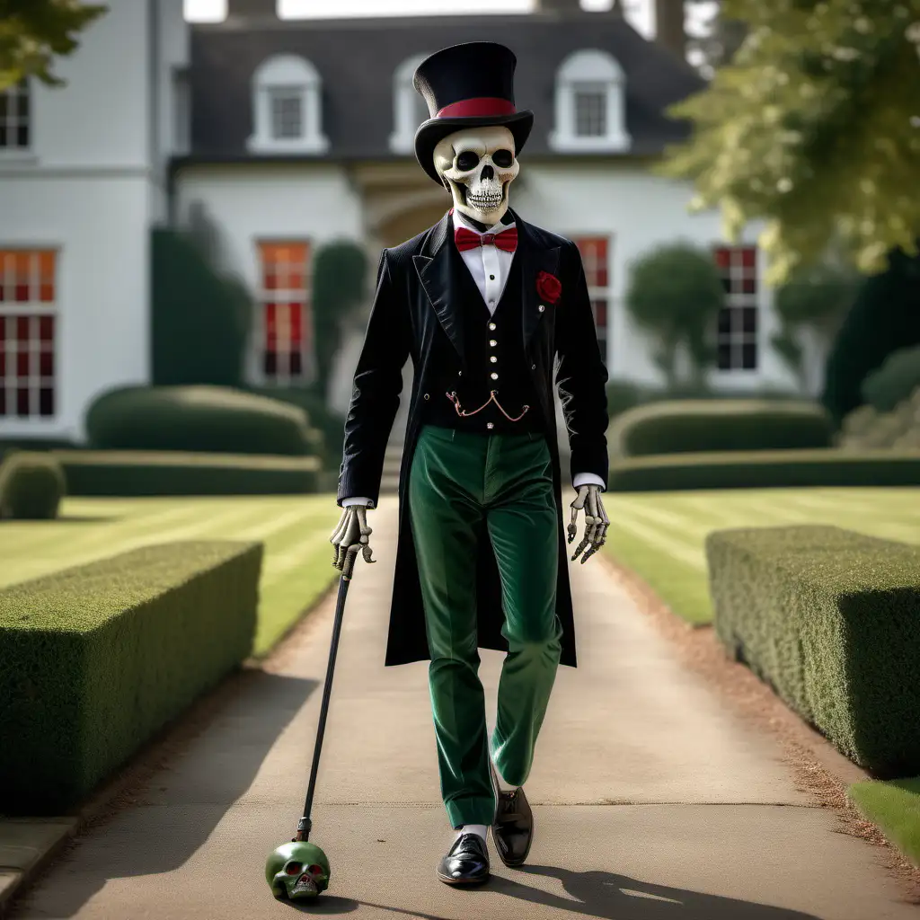 UHD, 8k, photorealistic picture of an elegant gentleman skeleton wearing a black top hat and a white polo shirt with a small red skull logo on the chest, green corduroy trousers, hand in pocket, black loafer shoes, standing in the driveway of an English country mansion, walking a rabid raven on a lead