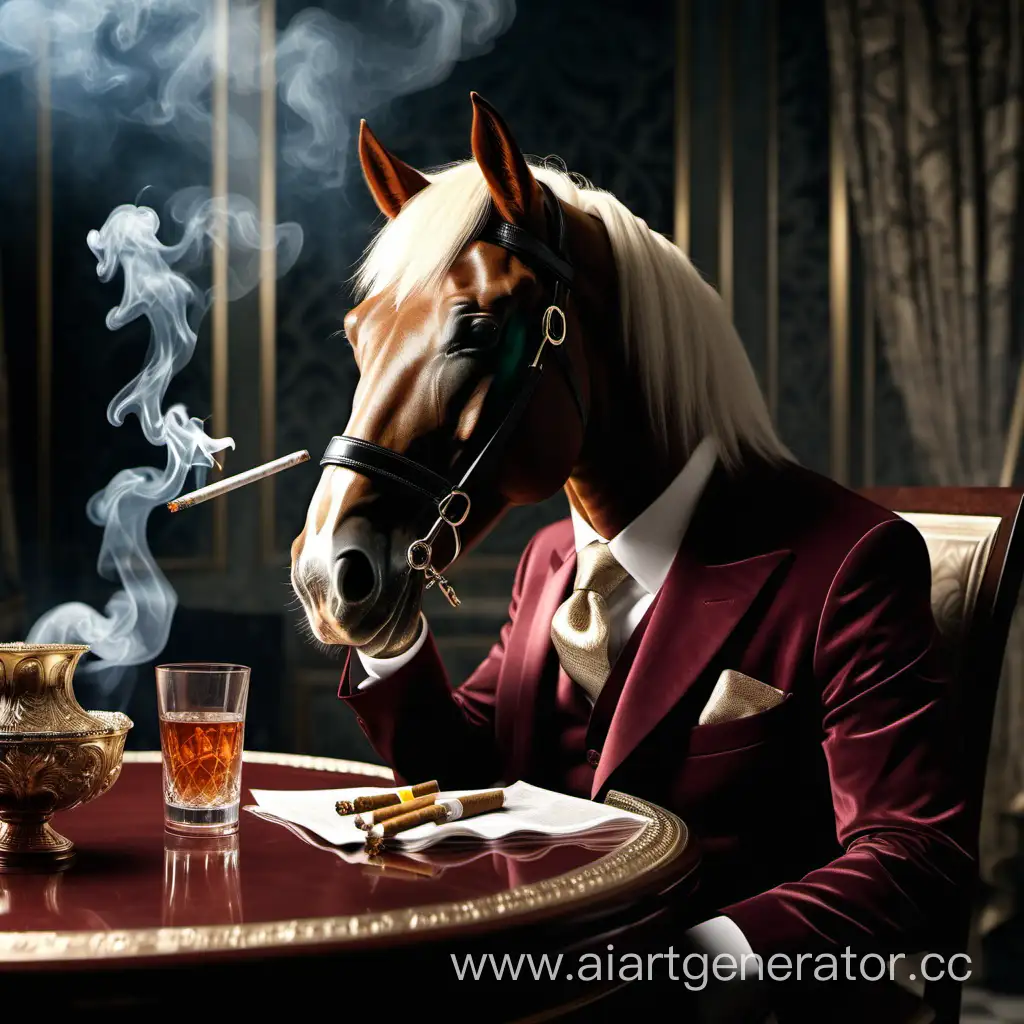 богатый конь сидит за столом и курит сигарету
