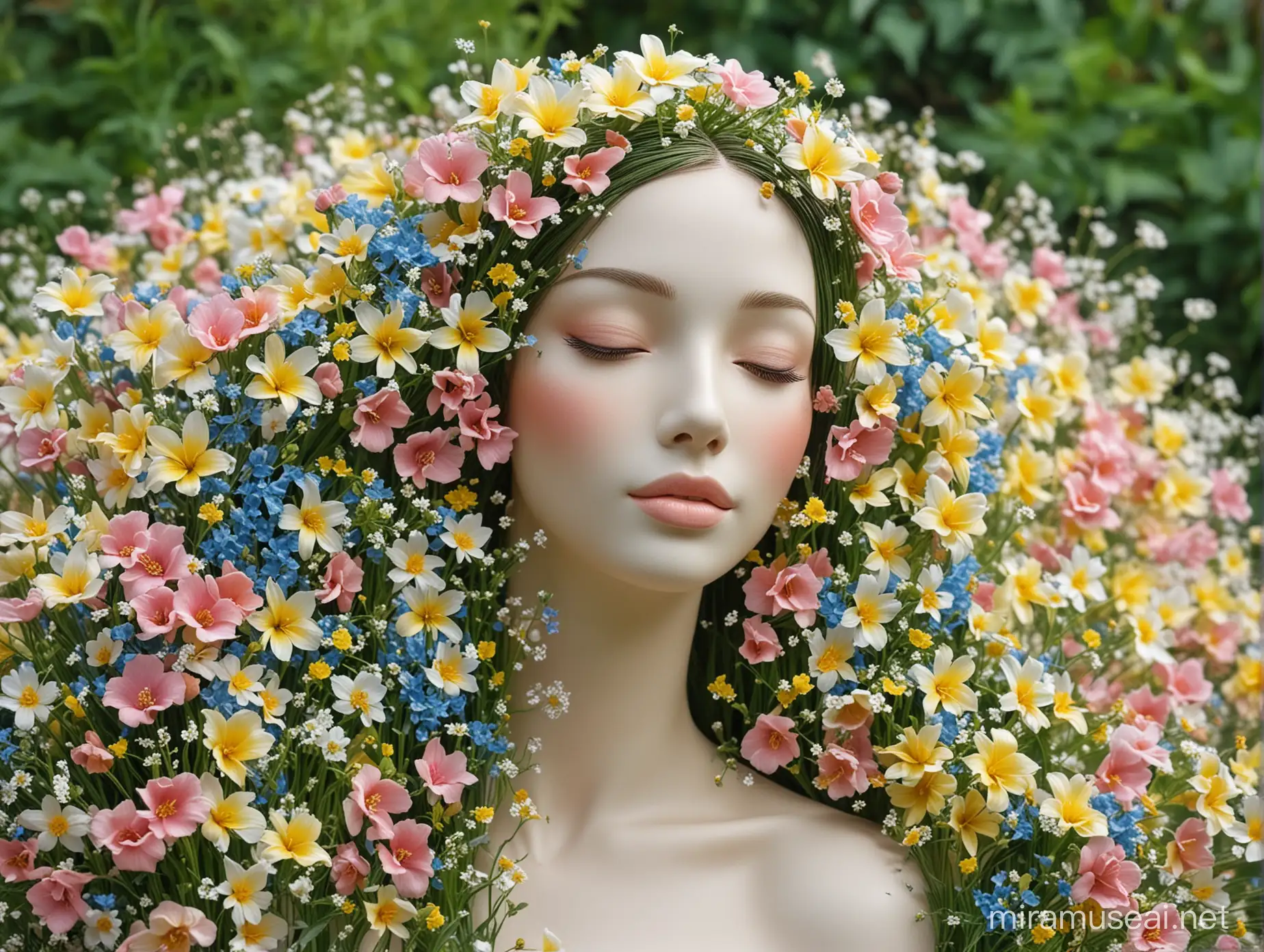 beautifully gentle woman, which is created by flowers, it is beautiful flower sculpture, green and yellow and pink and white and blue, it has perfect face from small flowers and posture, the woman is dancig in the nature 