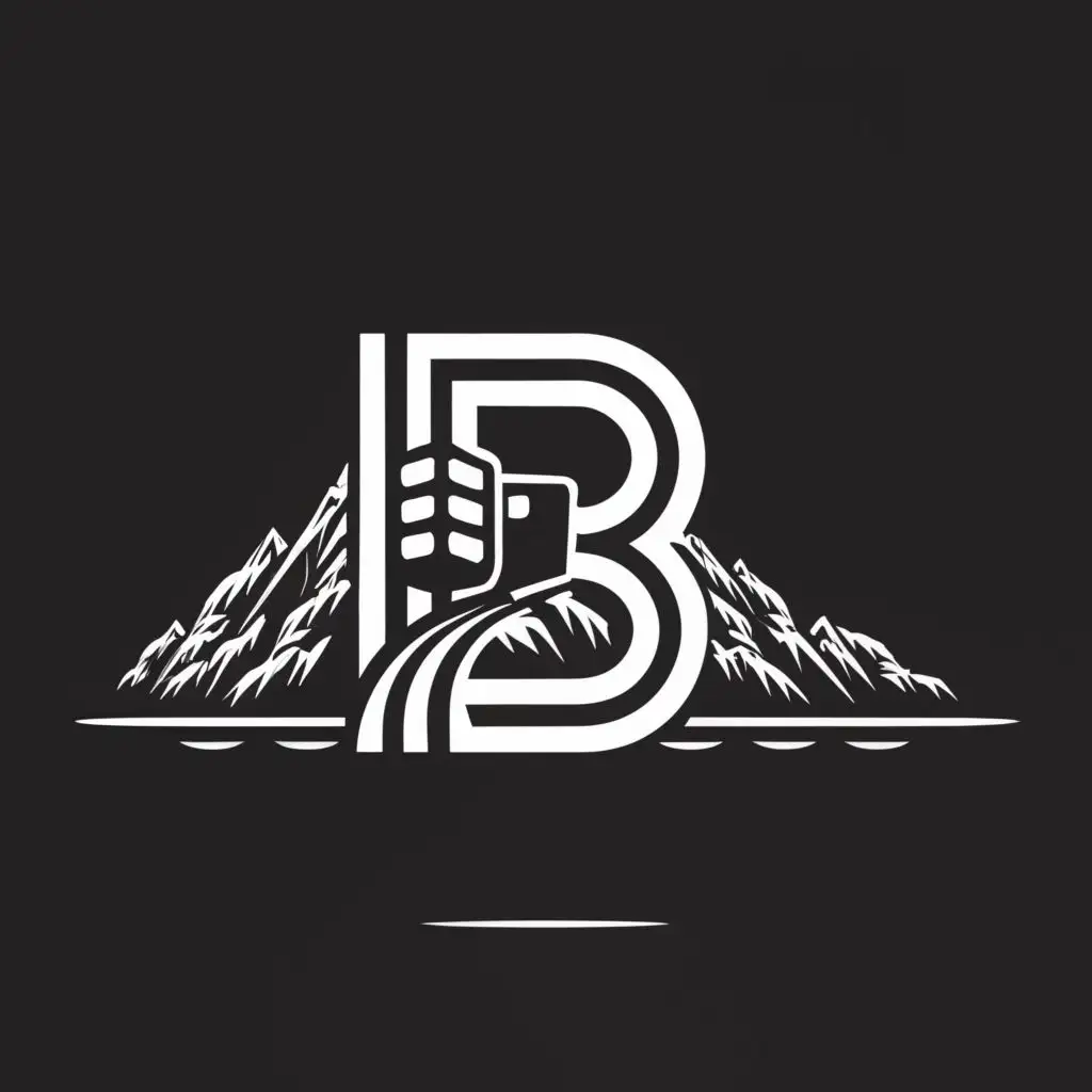 a logo design,with the text "B", main symbol:offroad travel car in the mountains near the sea, vector style, black and white, a lot of details,Moderate,be used in Travel industry,clear background