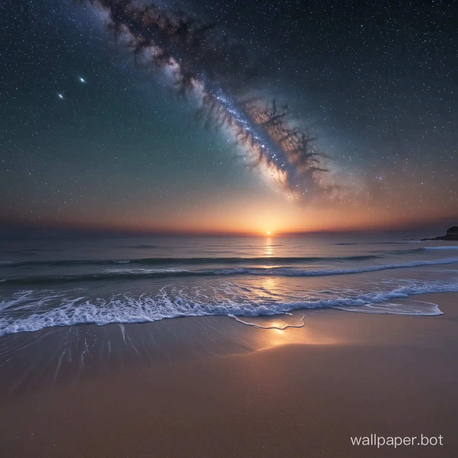 Quiet beach at dawn with 1 galaxy and many visible star in the sky