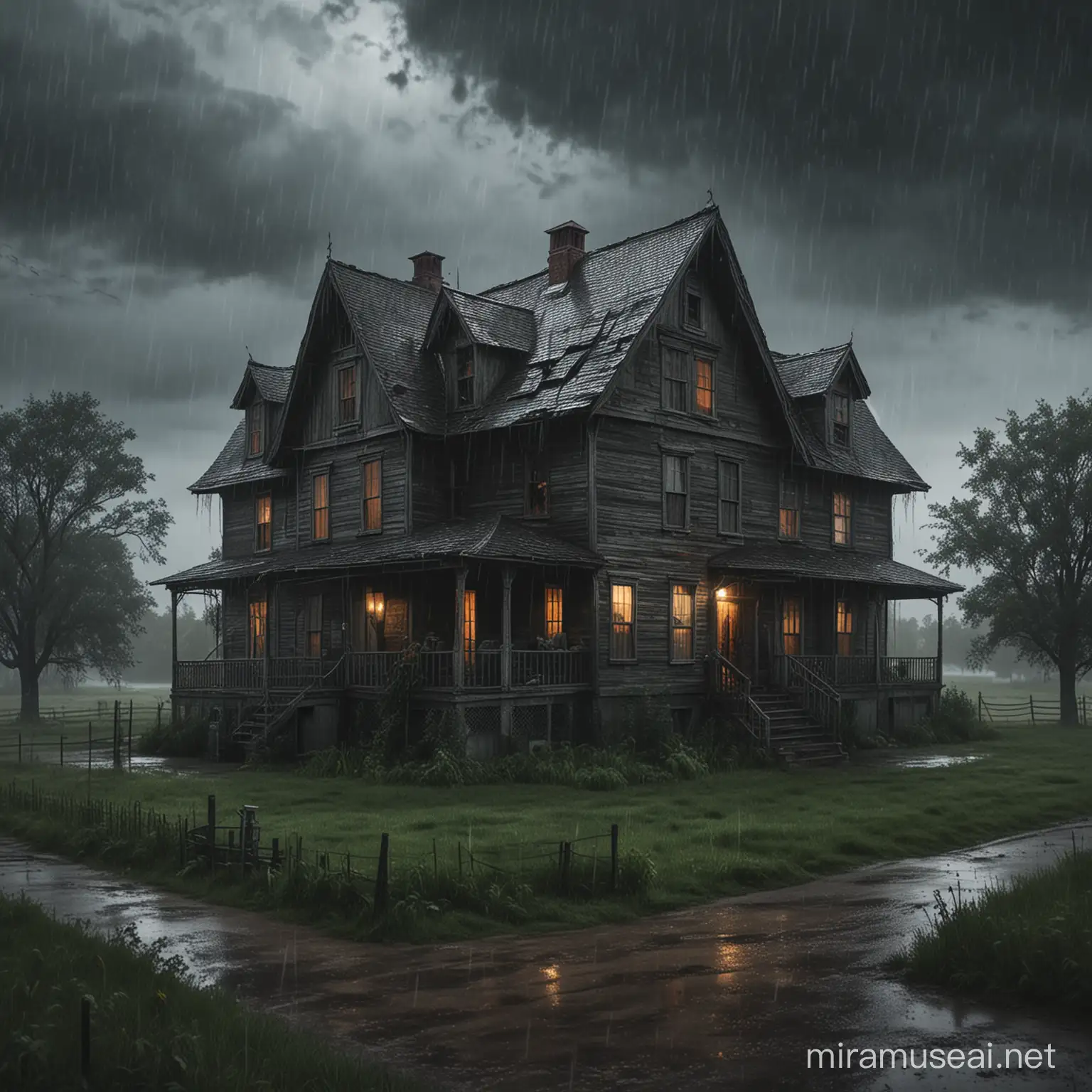 Stormy Night Realistic Haunted House on a Farm