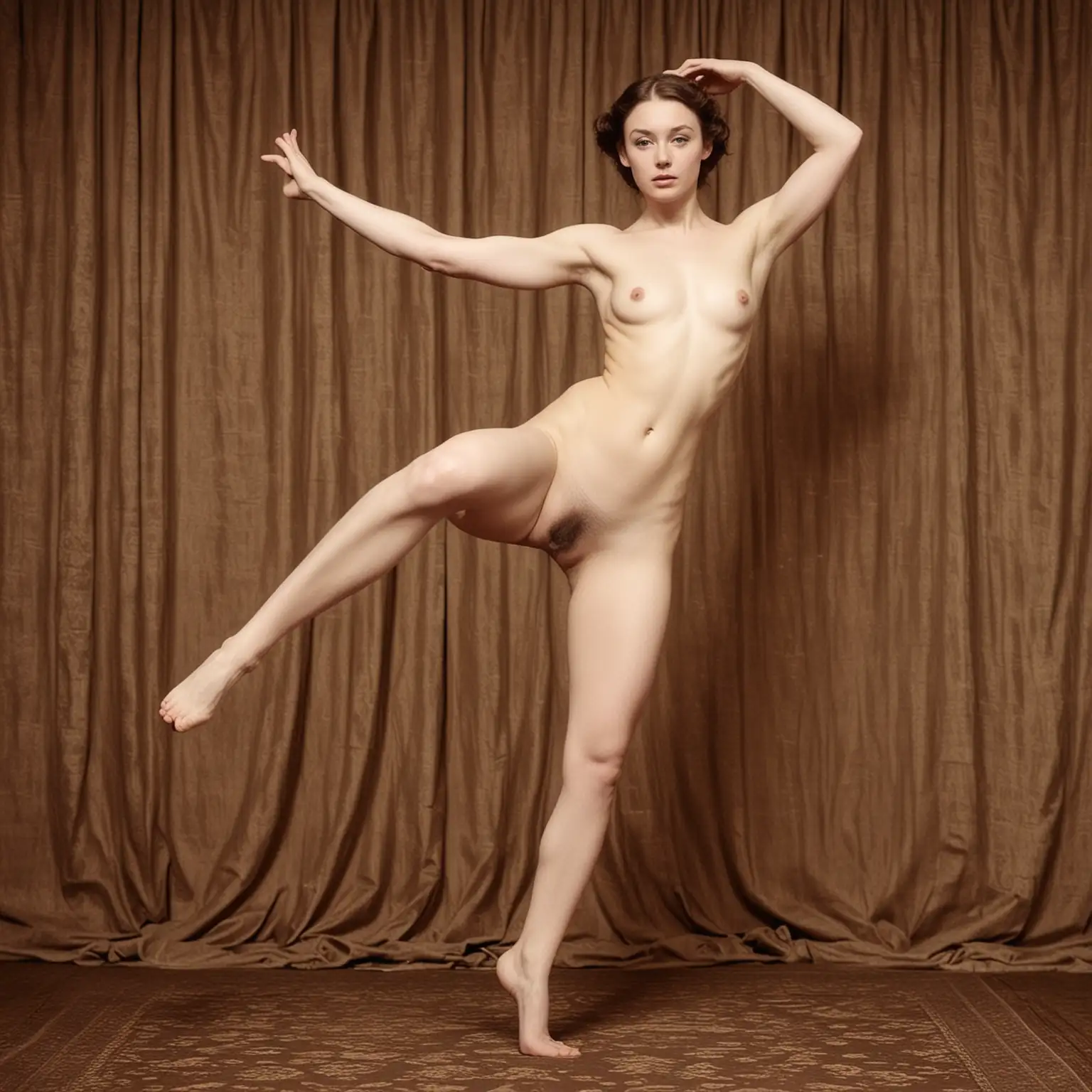 Margaret Edwards, age 20-something, stage actress, performing on a Victorian stage, stark naked. Full frontal nude interpretive dance pose. head-to-toe. color photograph.