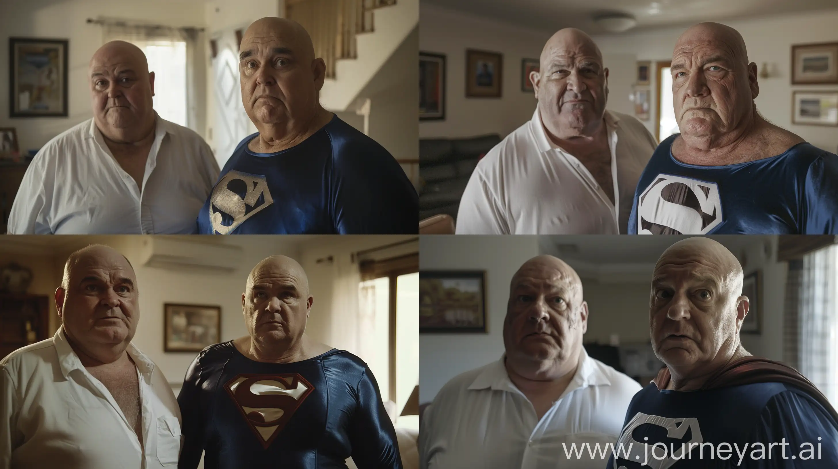 Close-up photo of two fat men aged 60. The man on the left is wearing a white shirt. The man on the right is wearing a tight silk navy blue superman costume. Inside a living room. Bald. Clean Shaven. Natural light. --ar 16:9