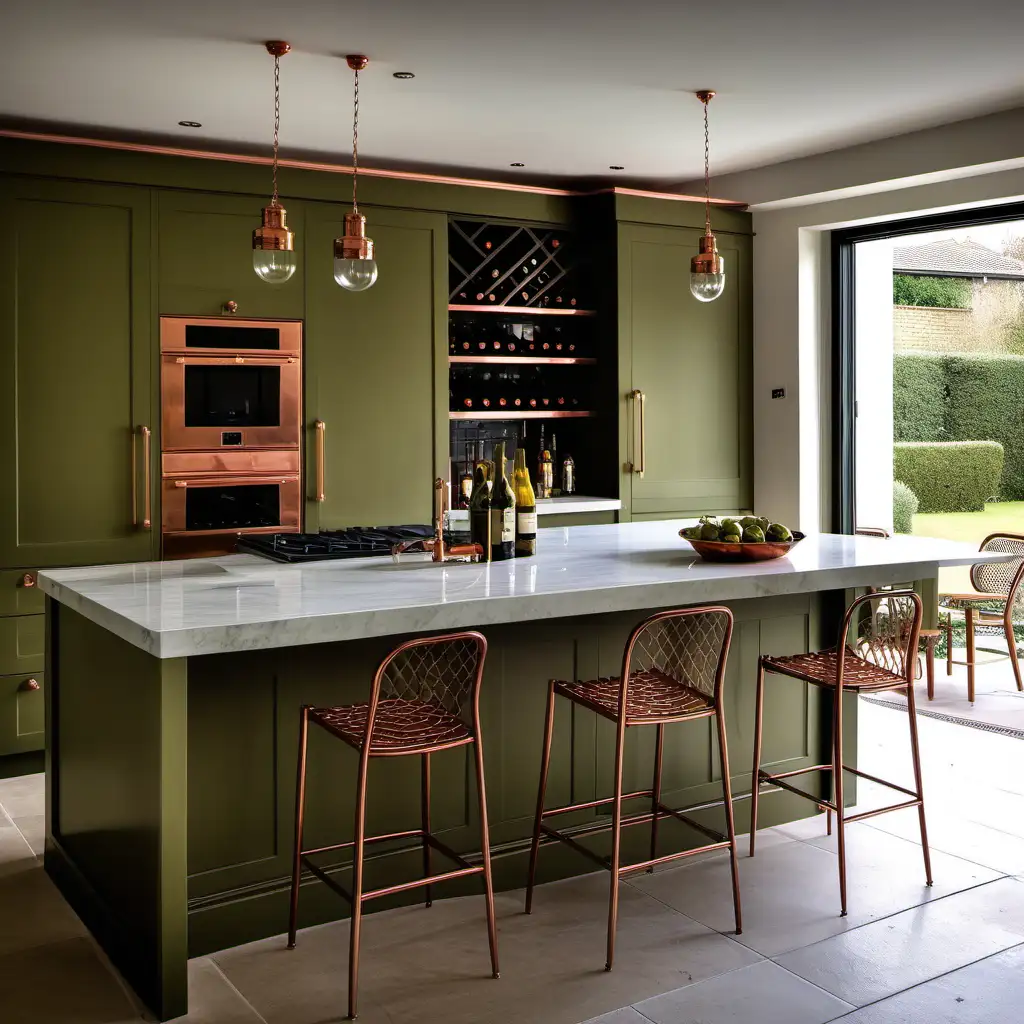 kitchen island with sink, hob, wine cooler
bistro style chairs
olive green
copper accessories
