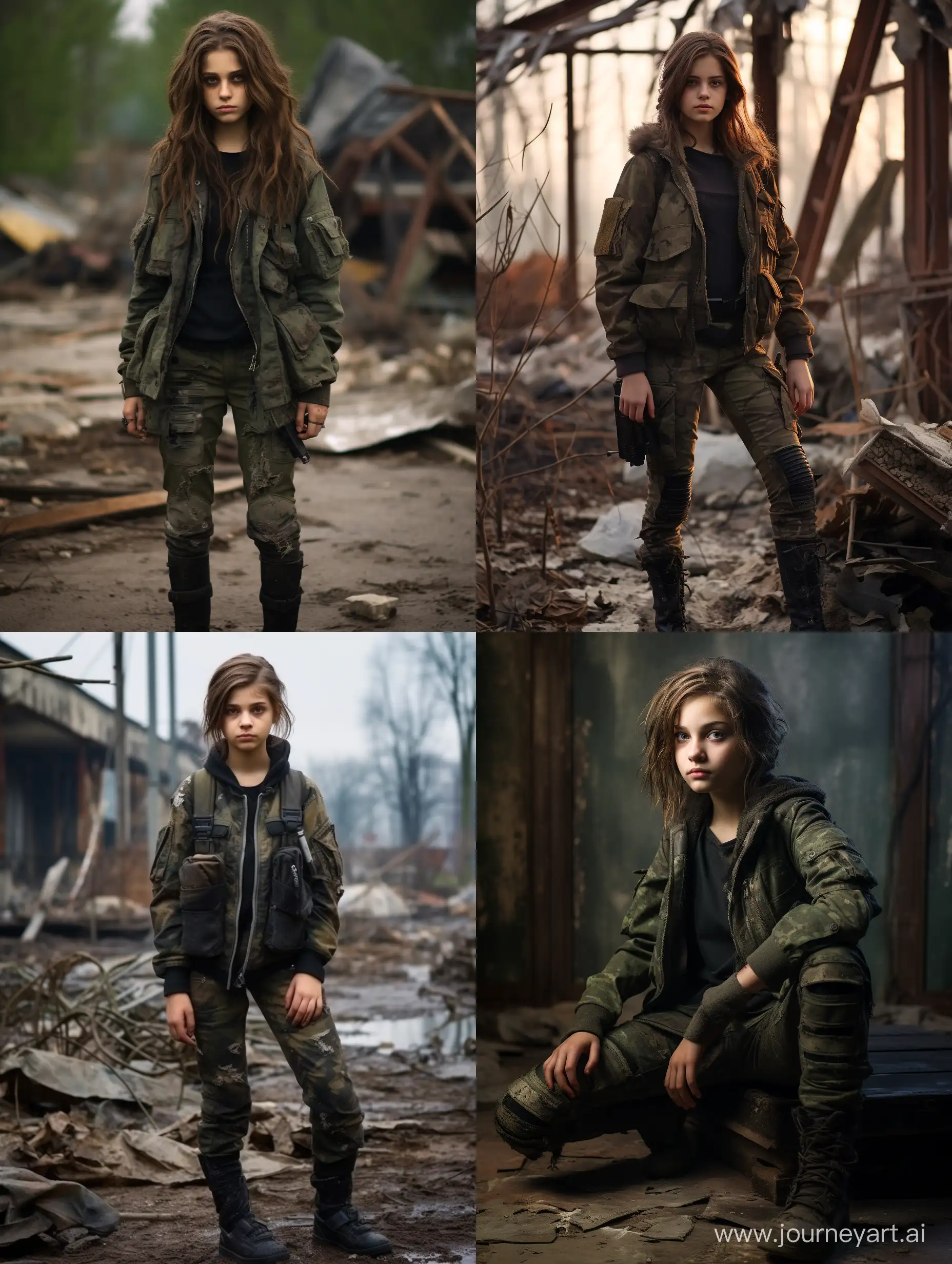 Post-Apocalypse, office, Communist winter clothes military uniforms, кубинский революционер, tomboy in uniform, pretty 15 year old woman, tomboy, full body, military camouflage tight leggings, Photos 8K, modern military uniform, solo, without weapon