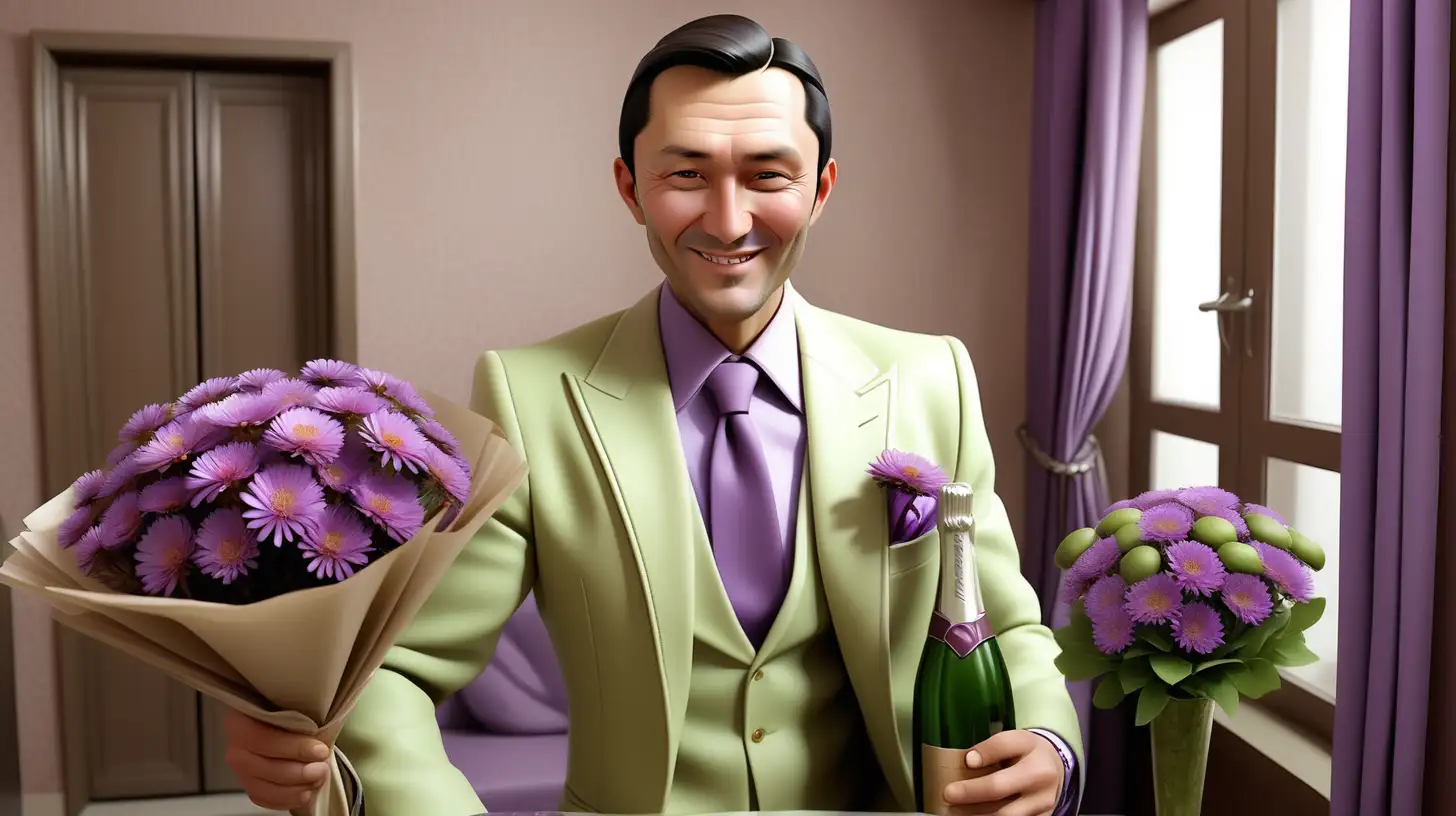 Stylish Kazakh Man Surprises Beloved Woman with Asters and Champagne