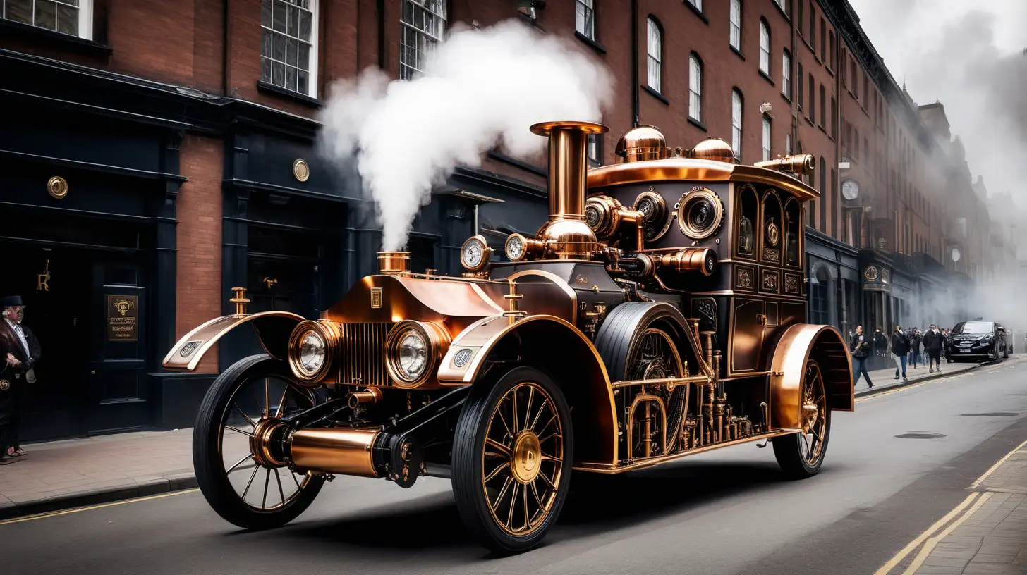 Vintage Steampunk Rolls Royce Steam Engine on Urban Street