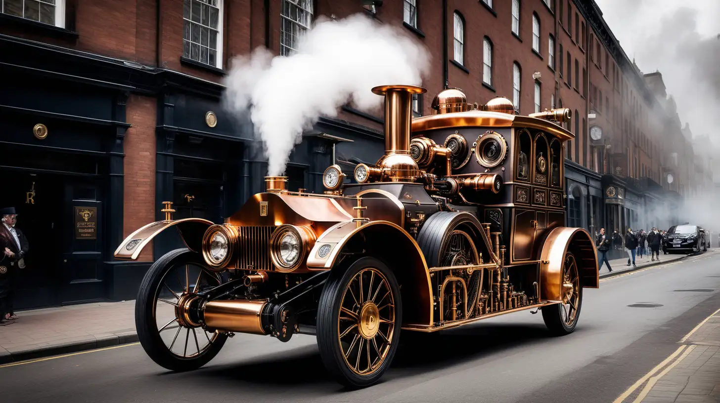 Staempunk Rolls Royce steam engine street
