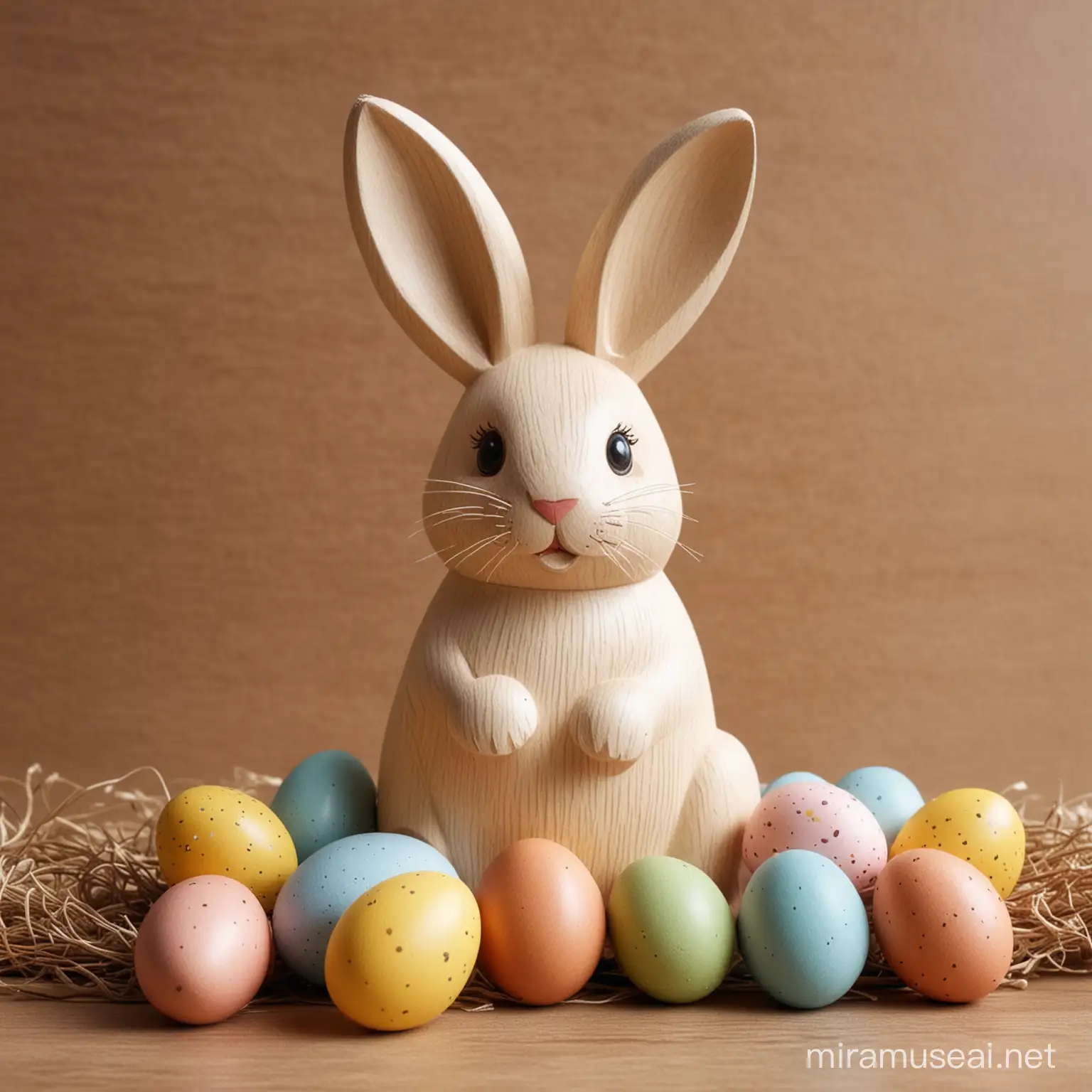 Handicraft wooden easter bunny and easter eggs, ultra-realistic, happy mood, easter mood