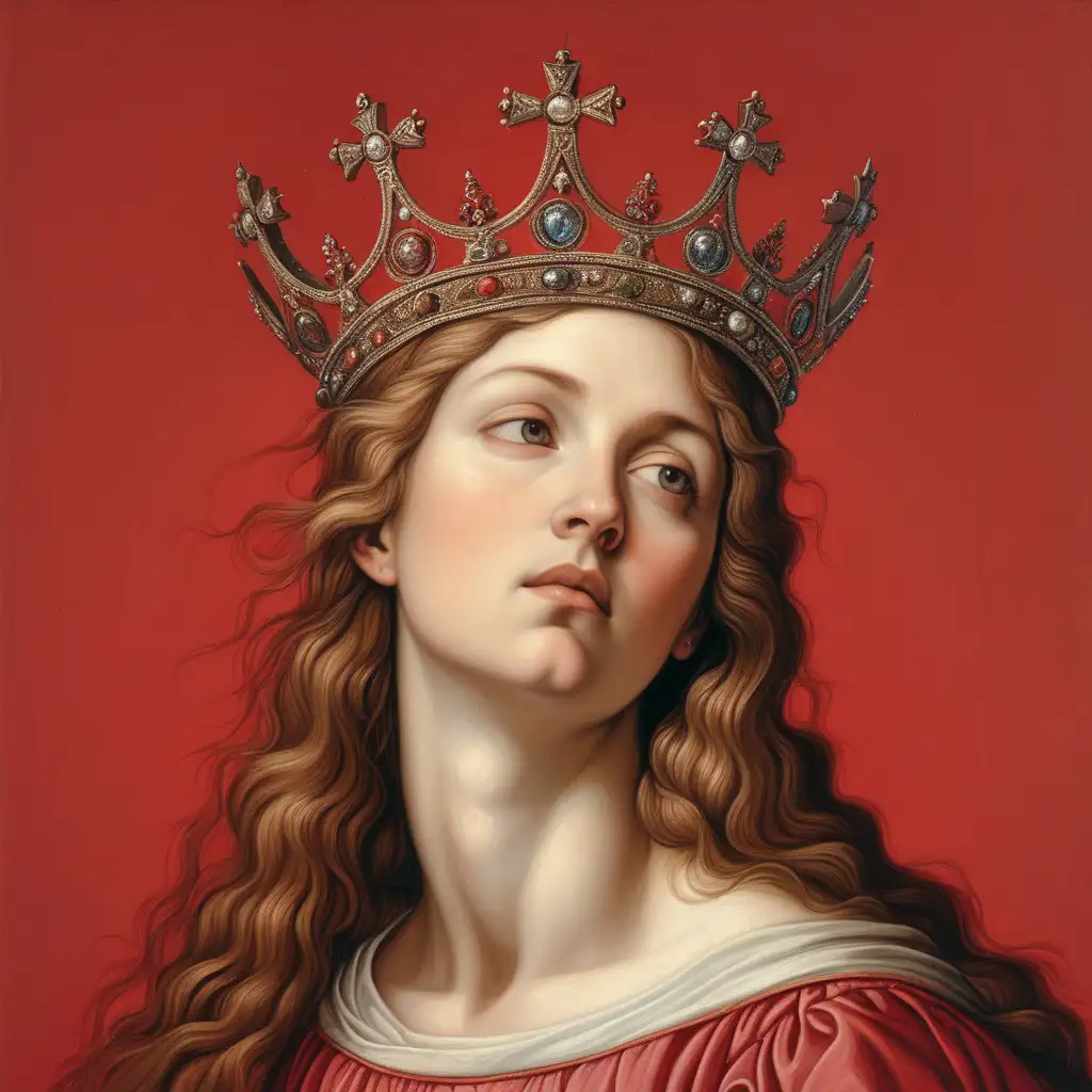 Holy woman, looking up, head up, crown on head, Renaissance, red background