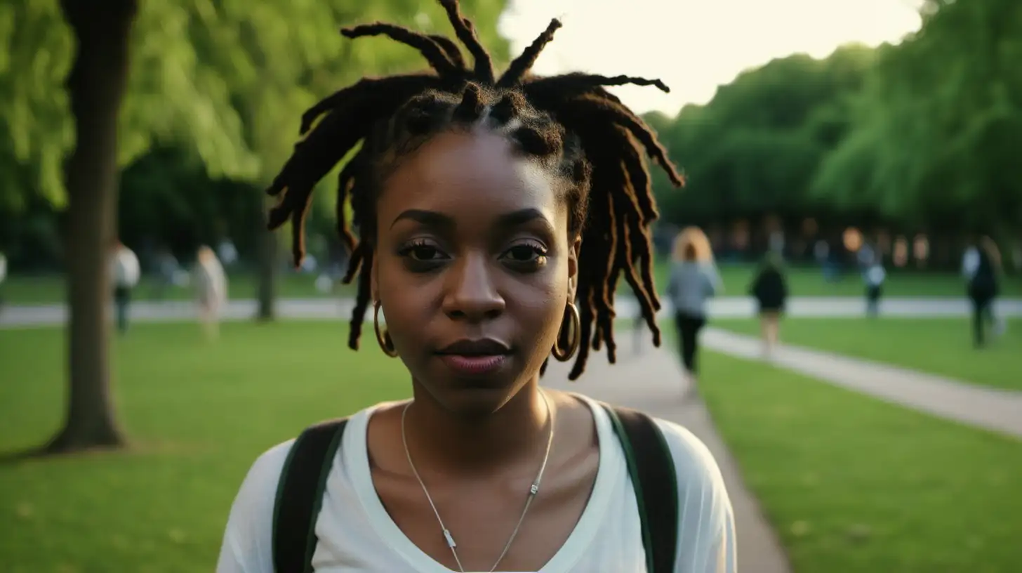 Black woman with short dreadlocks walking in the park early evening looking at the camera in the centre of the frame showing a wide shot