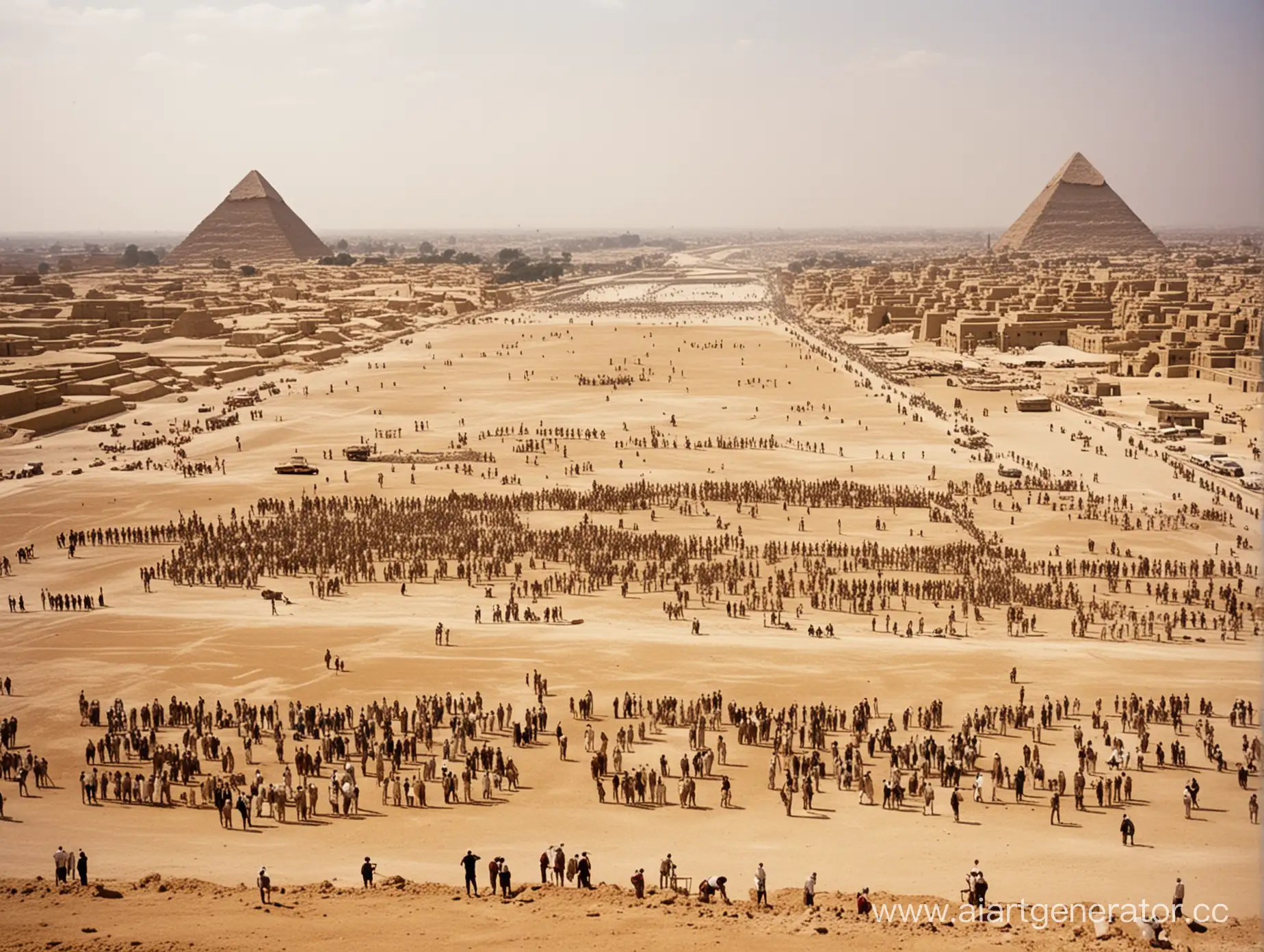 начало строительства пирамид в Гизе,десятки тысяч рабочих на стройке,фараон осматривает работу из далека.