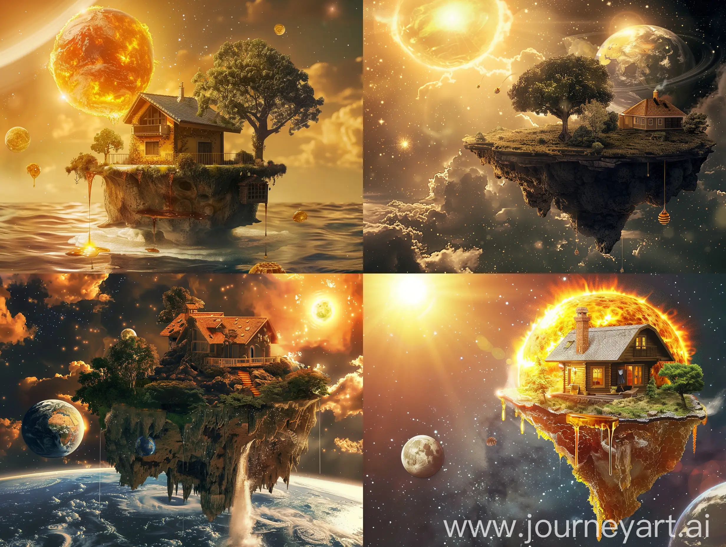mixing of island and house and honey and planet and sun, in the galaxy, fantasy style, realistic