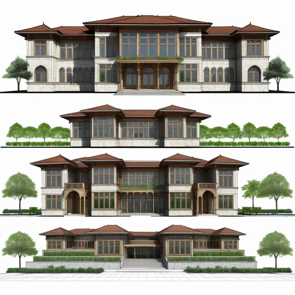 large sheet, plan,perspective a large  street perspective facade, elevation, section,street traditional Turkish lots of skyscarpers, large garden and courtyard , Ottoman style, wooden windows, wooden bay window, , stone facade, green garden,
plants, wide eaves, wooden floor molding, perspective , simetric