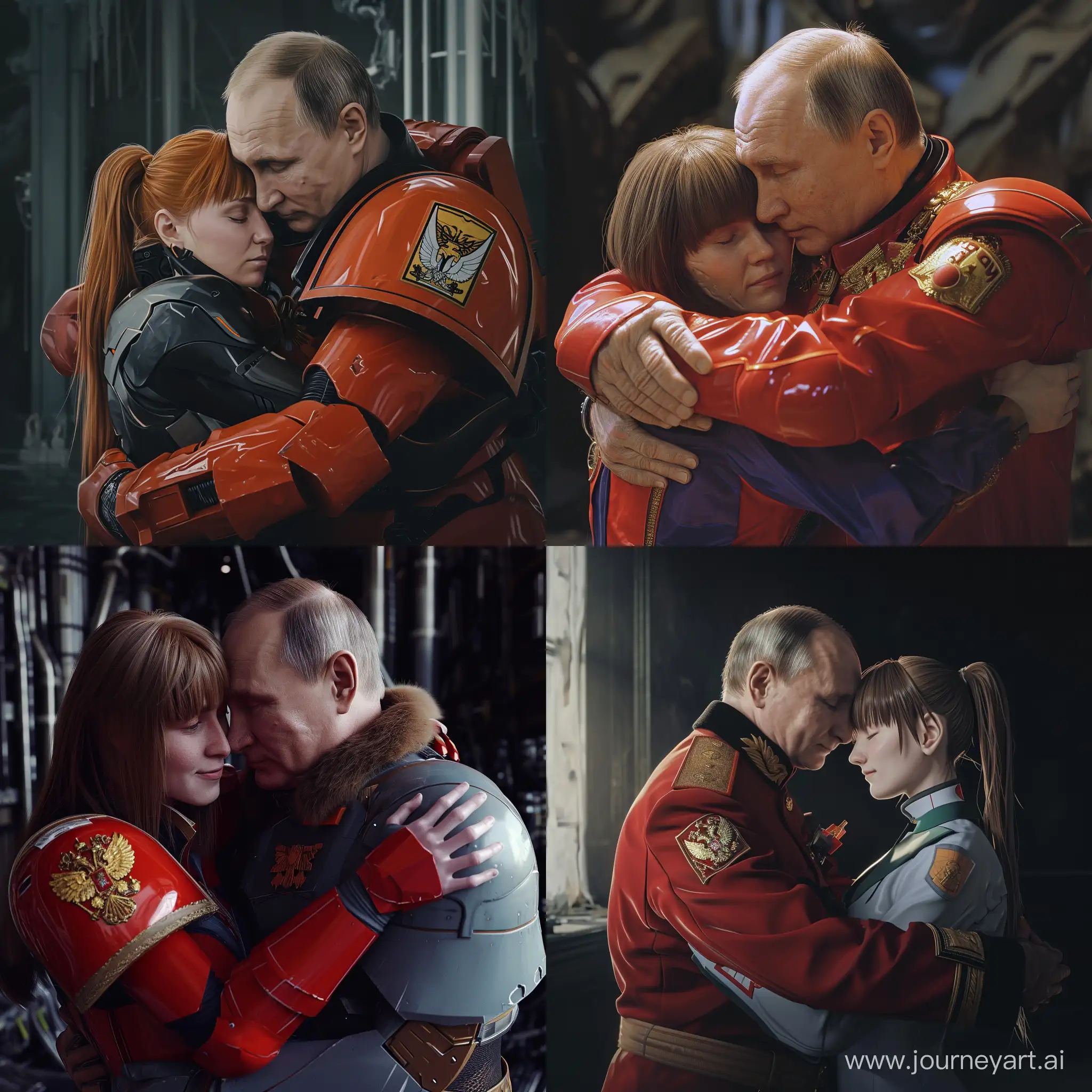 President Putin in the image of the God Emperor from the Warhammer 40,000 universe embraces Ayanami Rei from the anime Evangelion Ultra Realism 8K HD detailed