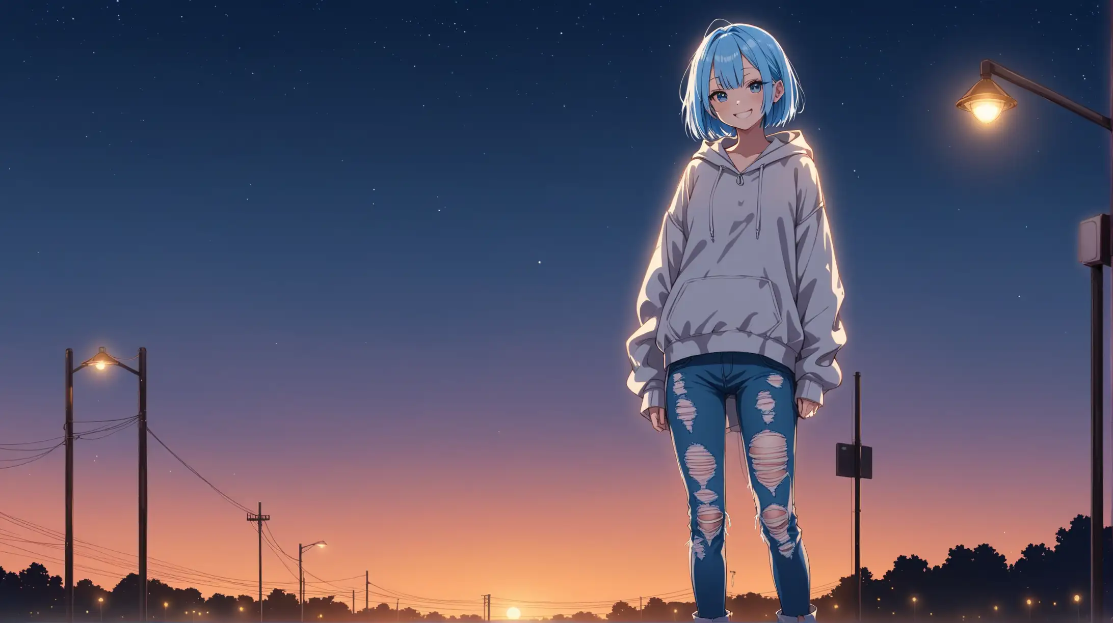Draw the character Rem standing alone outside in the evening while she is wearing ripped jeans and a hooded jacket and smiling at the viewer