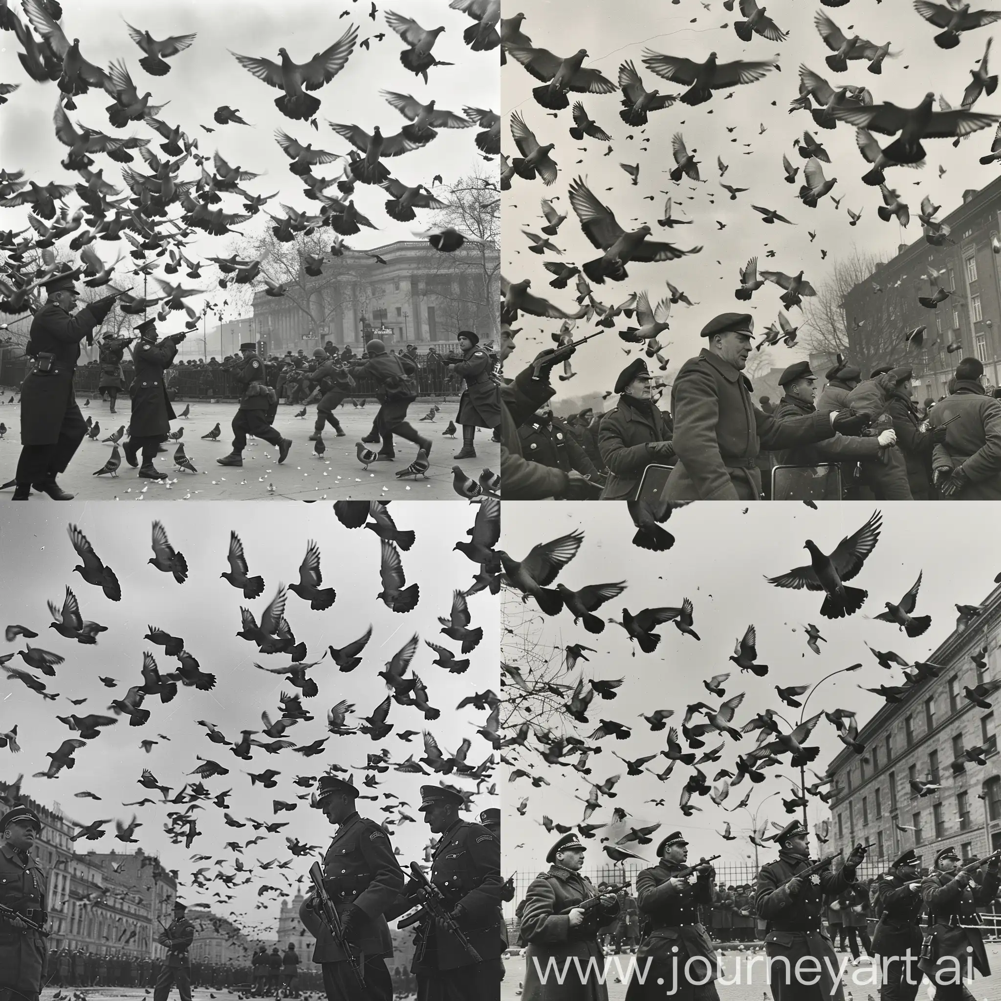 Urban-Skyline-with-Pigeons-and-Security-Forces