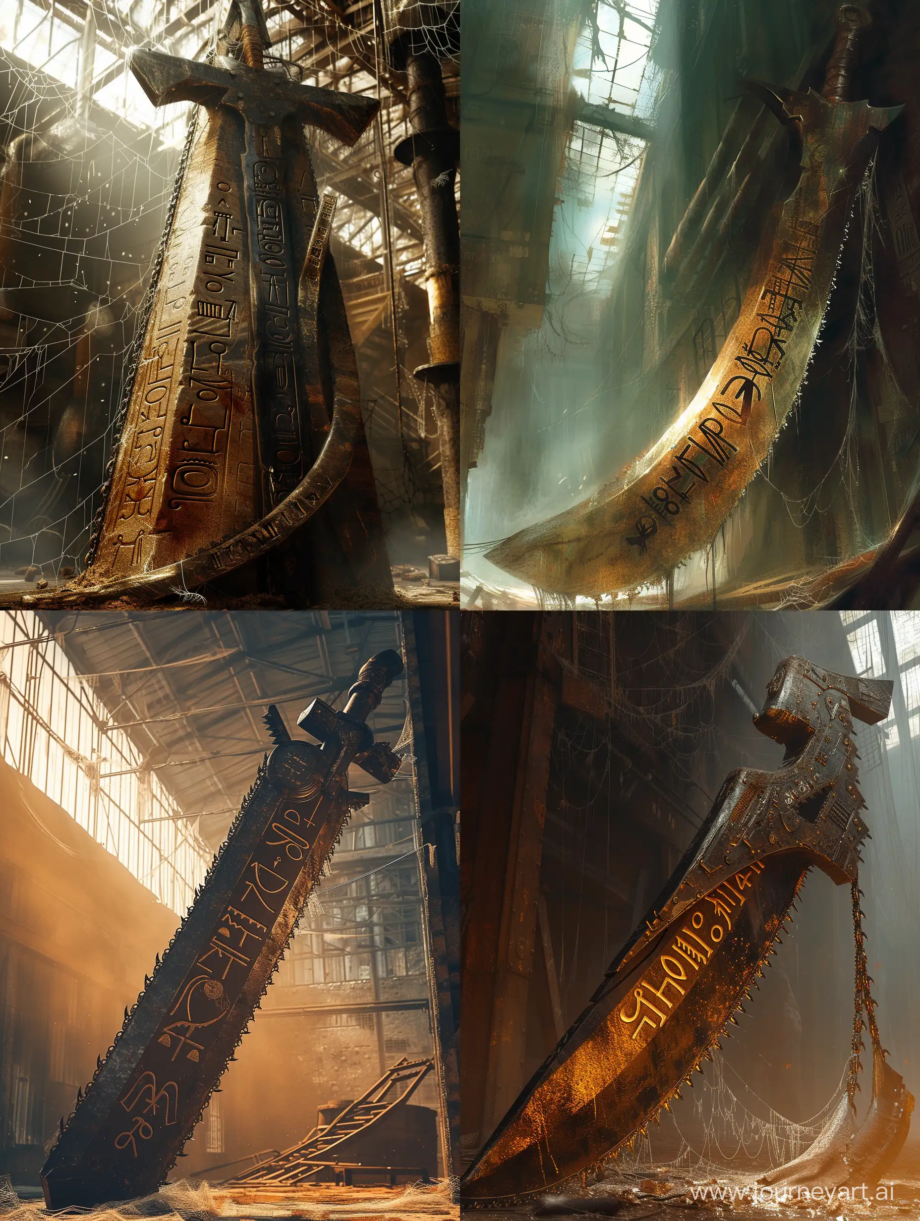 A combination of sword and chainsaw,cuneiform letters curving on it,intricate curving,Inside an old warehouse, cobwebs on it,steampunk.incredible detail,warm light,terrifying.