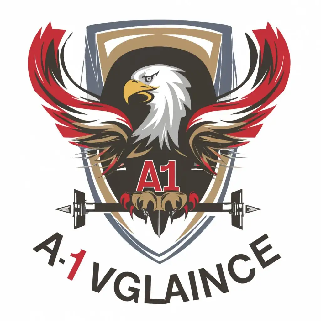 logo, SHIELD with eagle face, with the text "A1 VIGILANCE", typography, black & Red color contrast