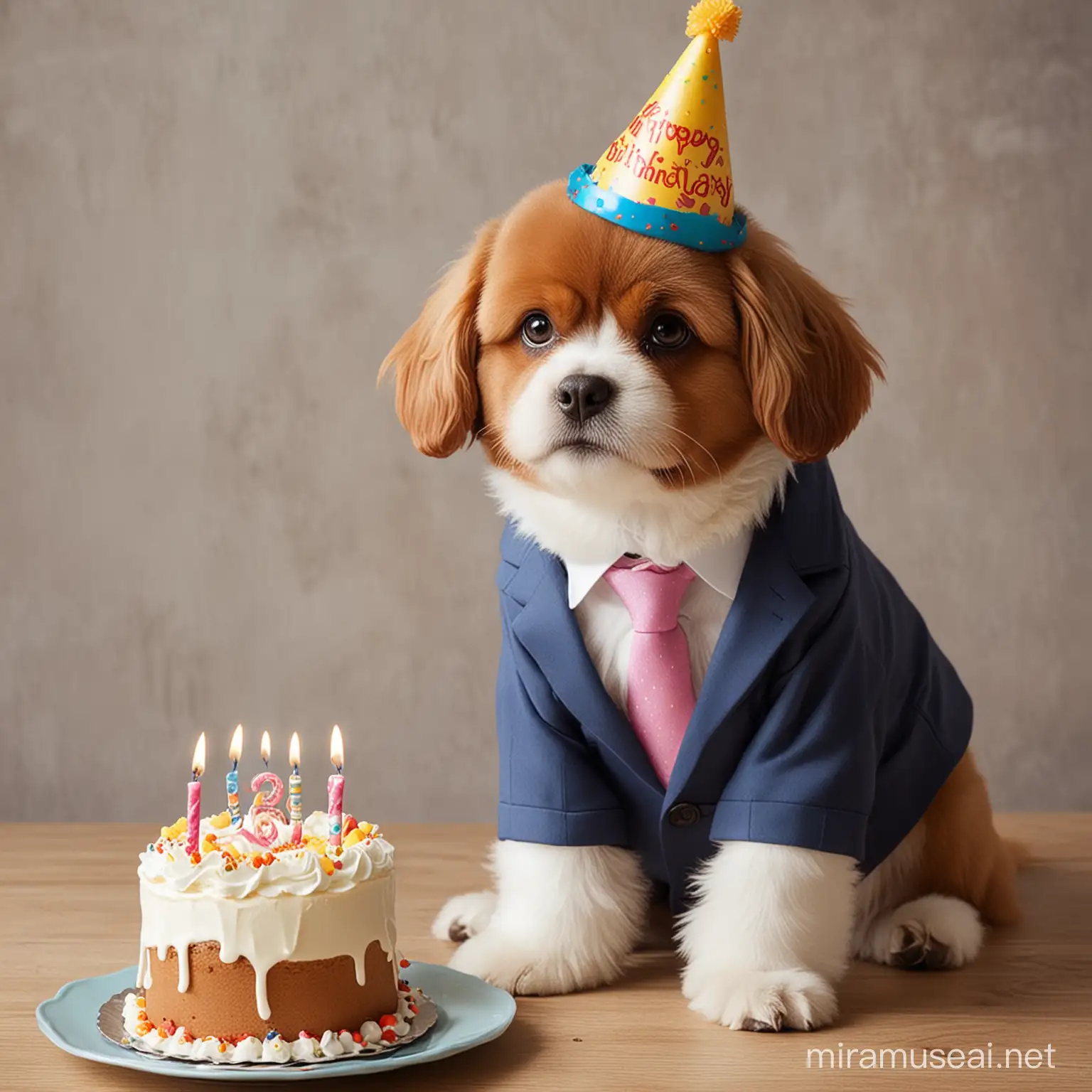 Make a dog with a suit. Add birthday hat a cake. Celebrate birthday