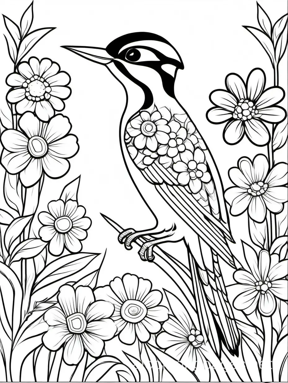 Woodpecker in flowers for adults for women, Coloring Page, black and white, line art, white background, Simplicity, Ample White Space. The background of the coloring page is plain white to make it easy for young children to color within the lines. The outlines of all the subjects are easy to distinguish, making it simple for kids to color without too much difficulty, Coloring Page, black and white, line art, white background, Simplicity, Ample White Space. The background of the coloring page is plain white to make it easy for young children to color within the lines. The outlines of all the subjects are easy to distinguish, making it simple for kids to color without too much difficulty