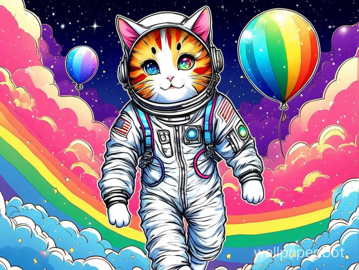 Adorable-Manga-Cat-in-Spacesuit-Heading-to-Birthday-Party-with-Vibrant-Colors-and-Sky-Rainbow