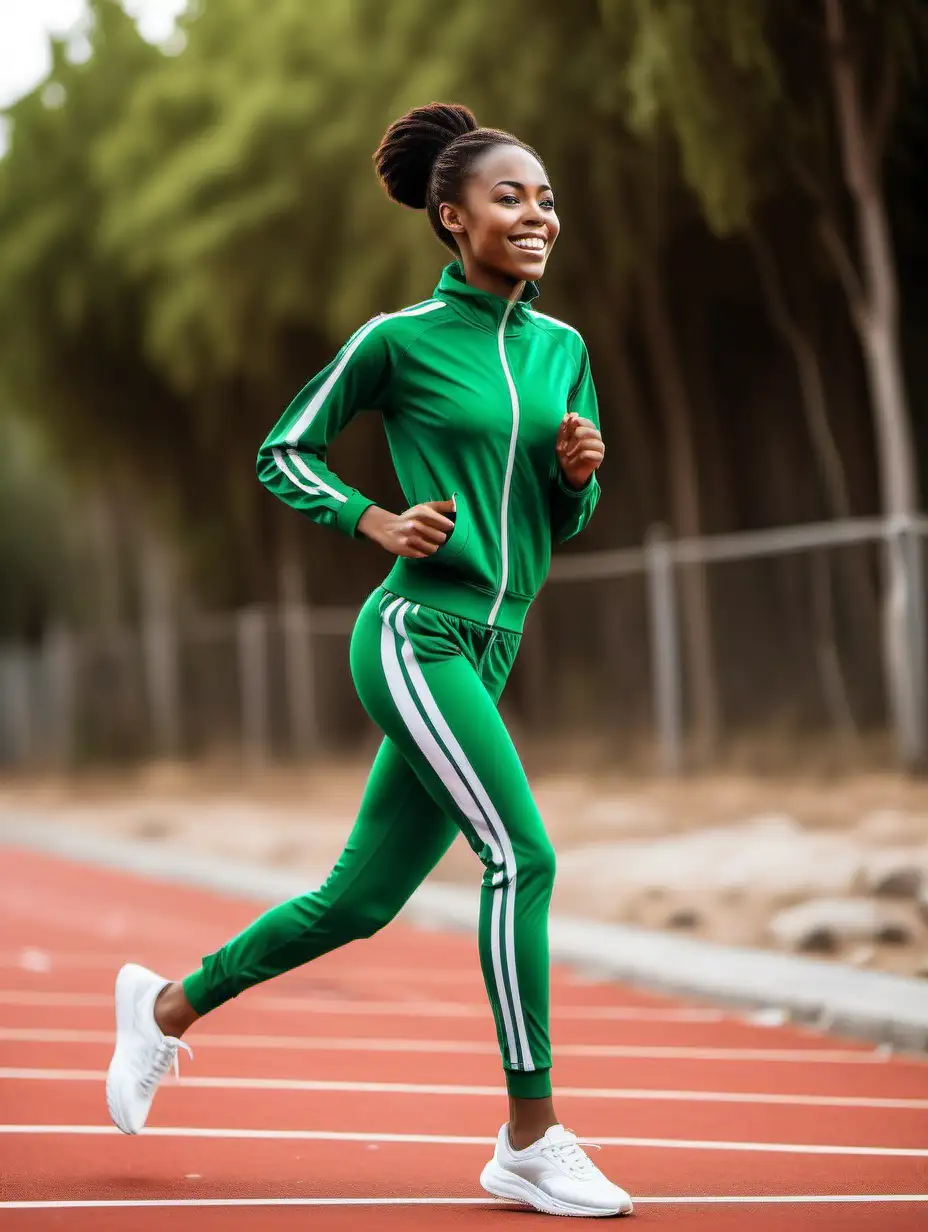 Energetic African Woman Running in Green Training Outfit