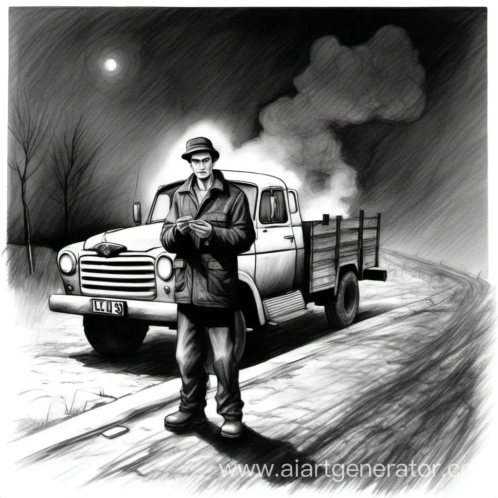 Rural-Night-Scene-ZIL-130-Truck-and-Man-with-Cigarette