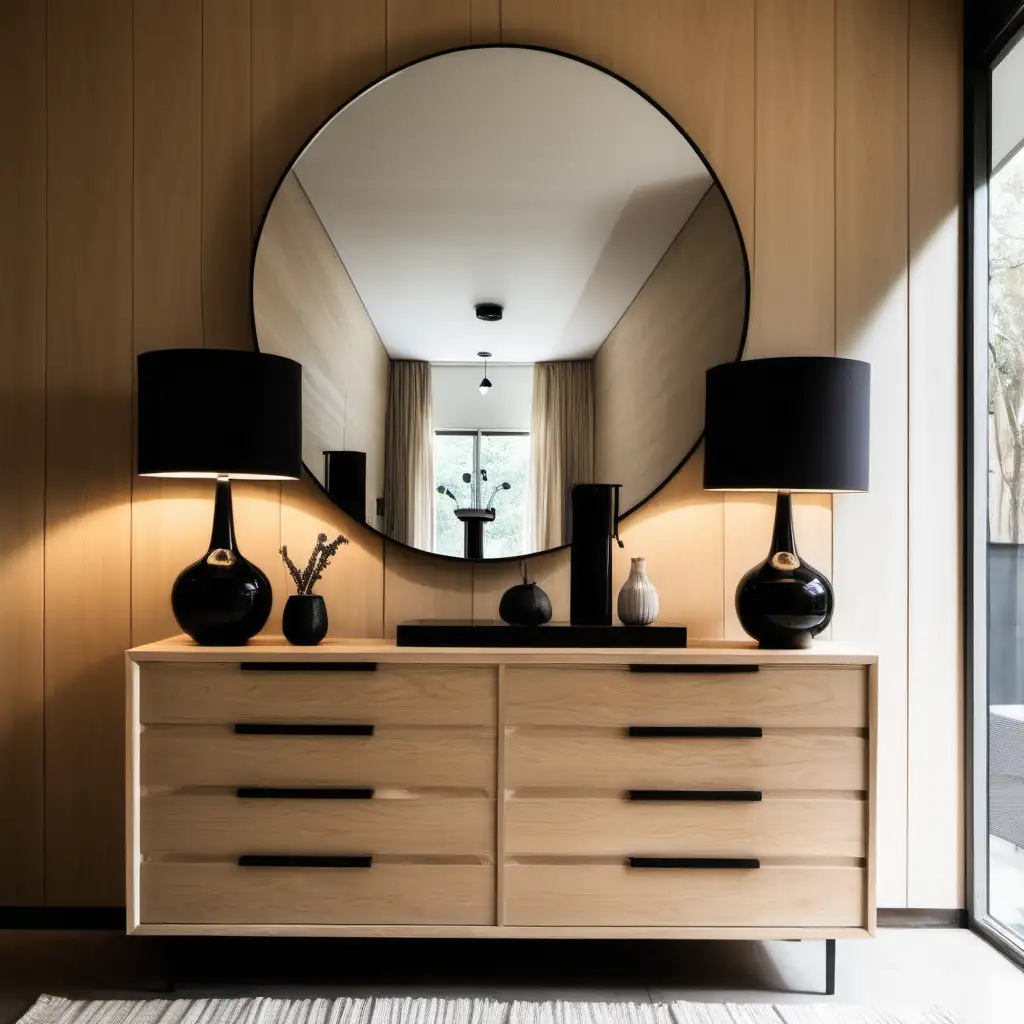 a horizontal light wood wall, light wood chest of drawers in front of it, 2 symmetrical black lamps, sunlight streaming in, a round mirror on the wall, minus decor,