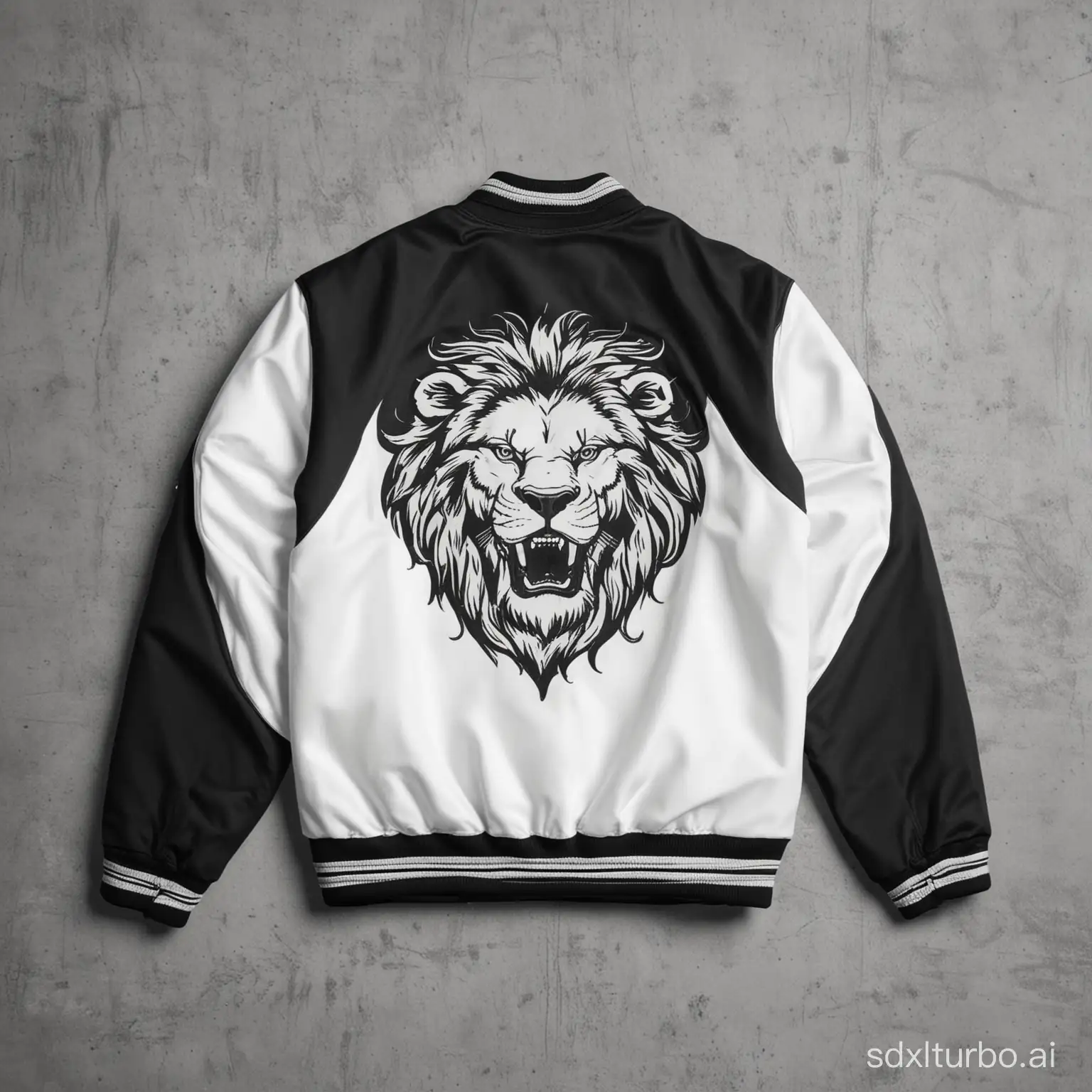 a varsity jacket in black and white sleeves and in the back of the jacket a simple a simple white logo of a lion