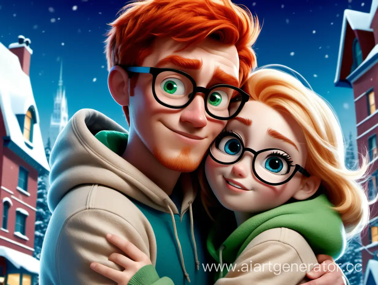 A 
A poster in the style of Disney Pixar, which depicts a red-haired guy with short hair and green eyes in a beige hoodie and glasses, hugging a girl with blue eyes in glasses, a blonde in a beige hoodie on a winter background