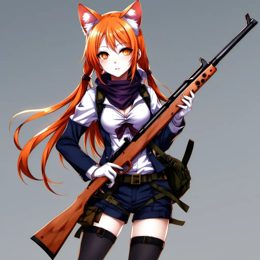 anime girl, cat ears, adventurer outfit, orange hair, wooden rifle
