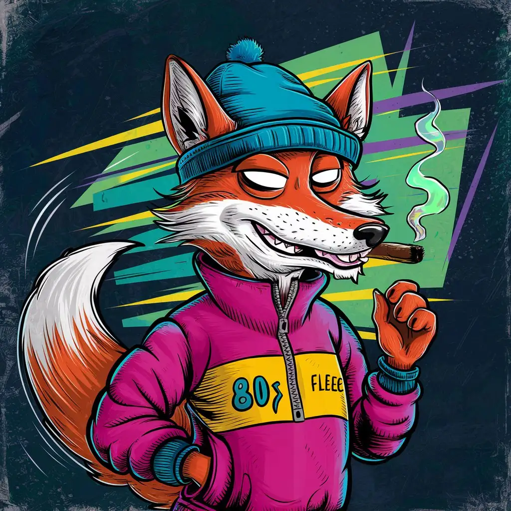 Colorful Cartoon Fox in 80s Fleece with Hat and Cigar