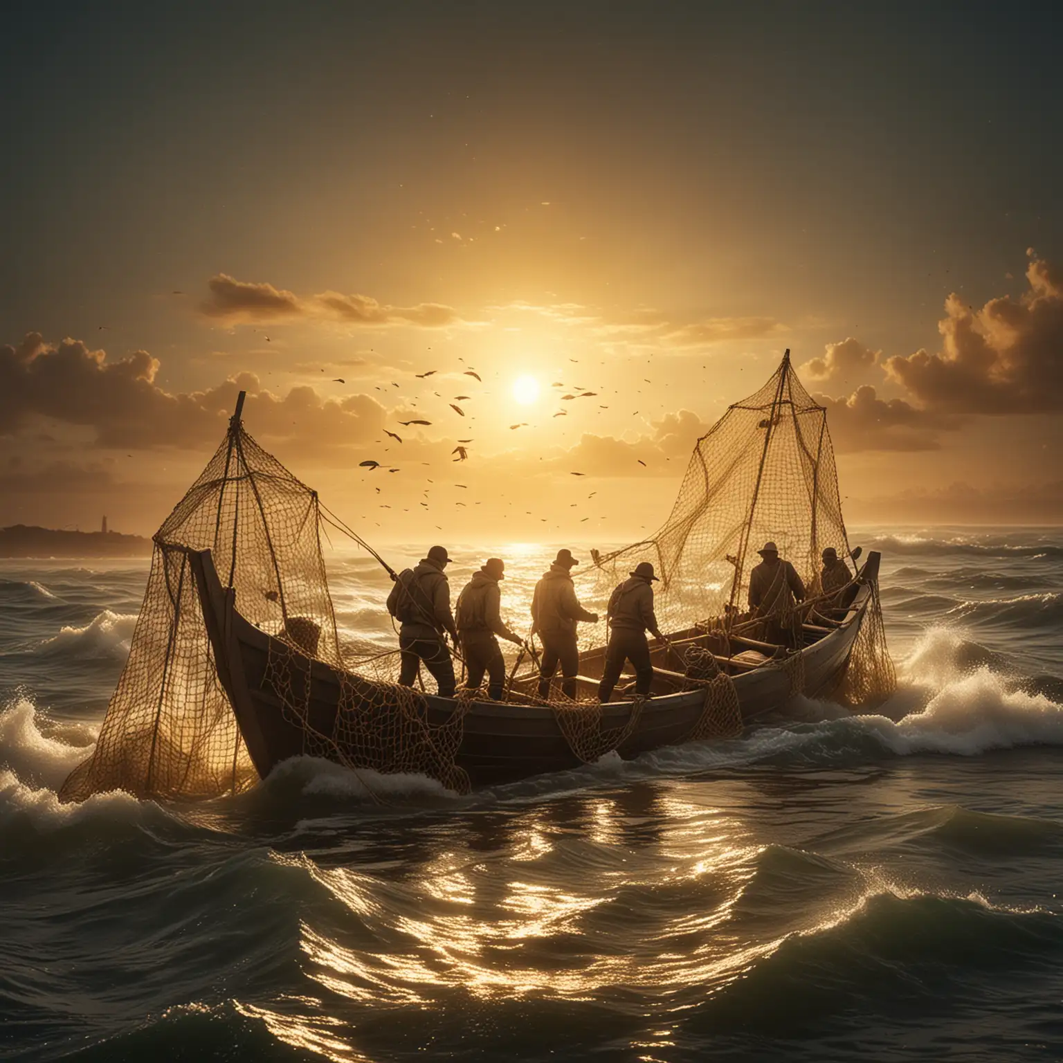 Fishermen in a Boat at Sea with Bountiful Nets under Golden Light