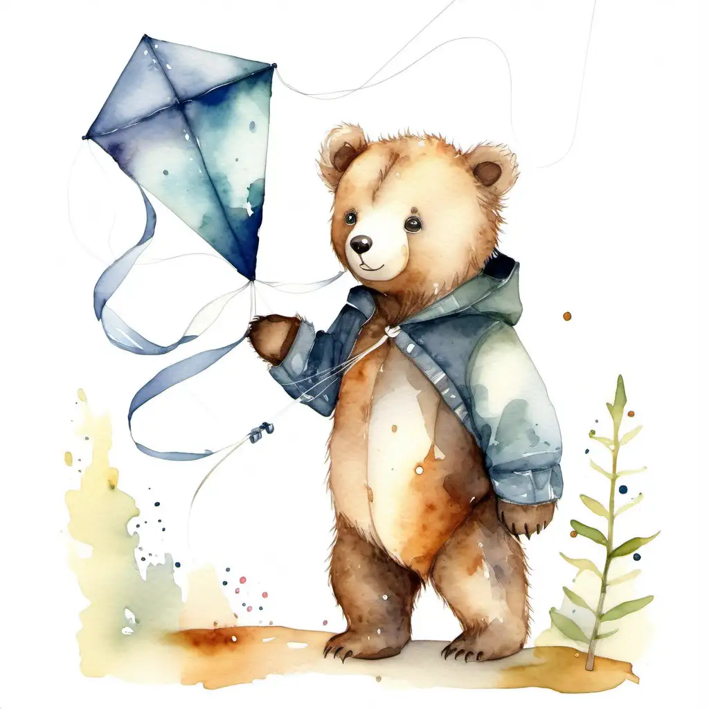 Cute bear cub holding a kite, white background, watercolour