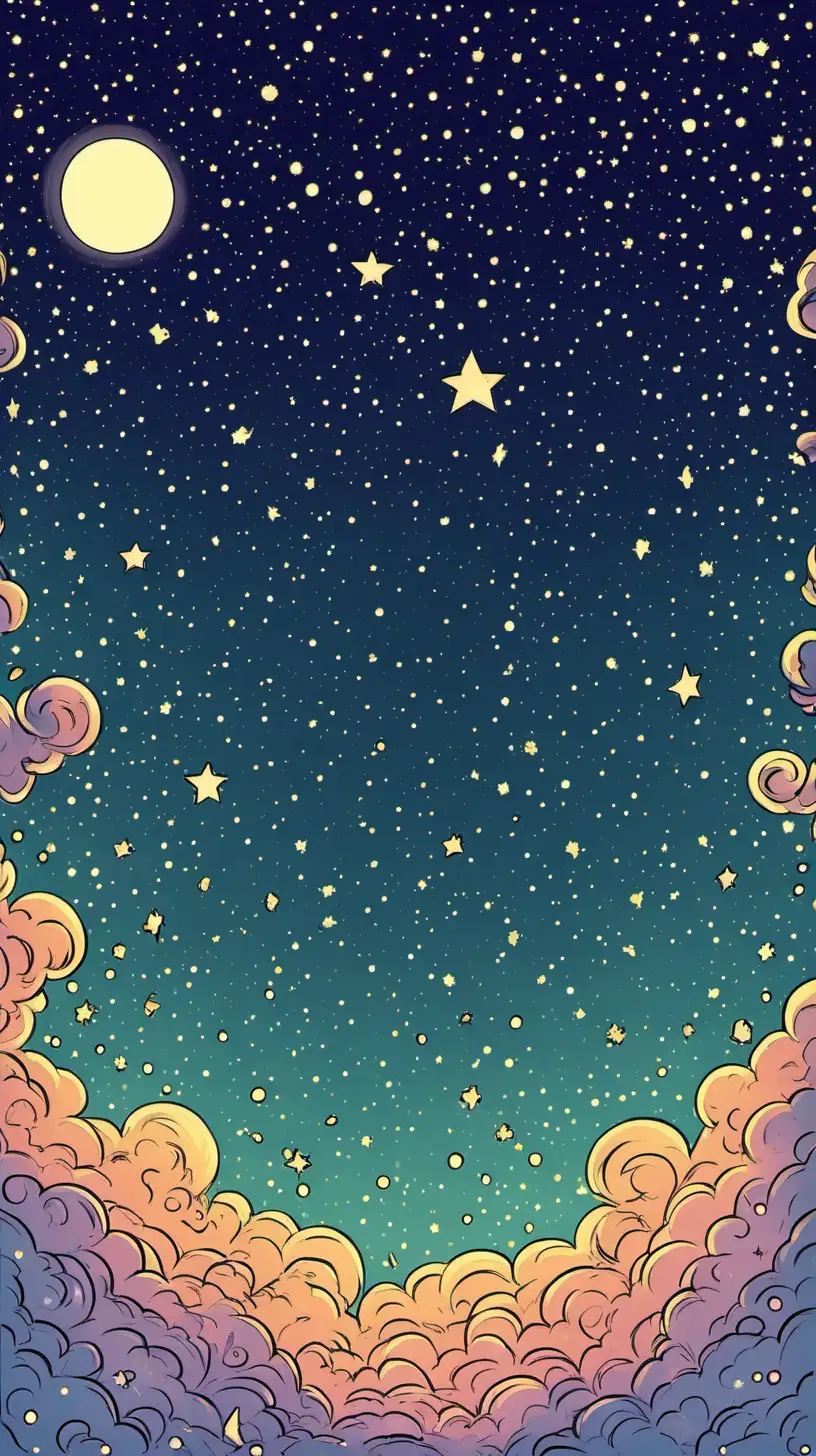 cartoony, color.    Subtle starry sky