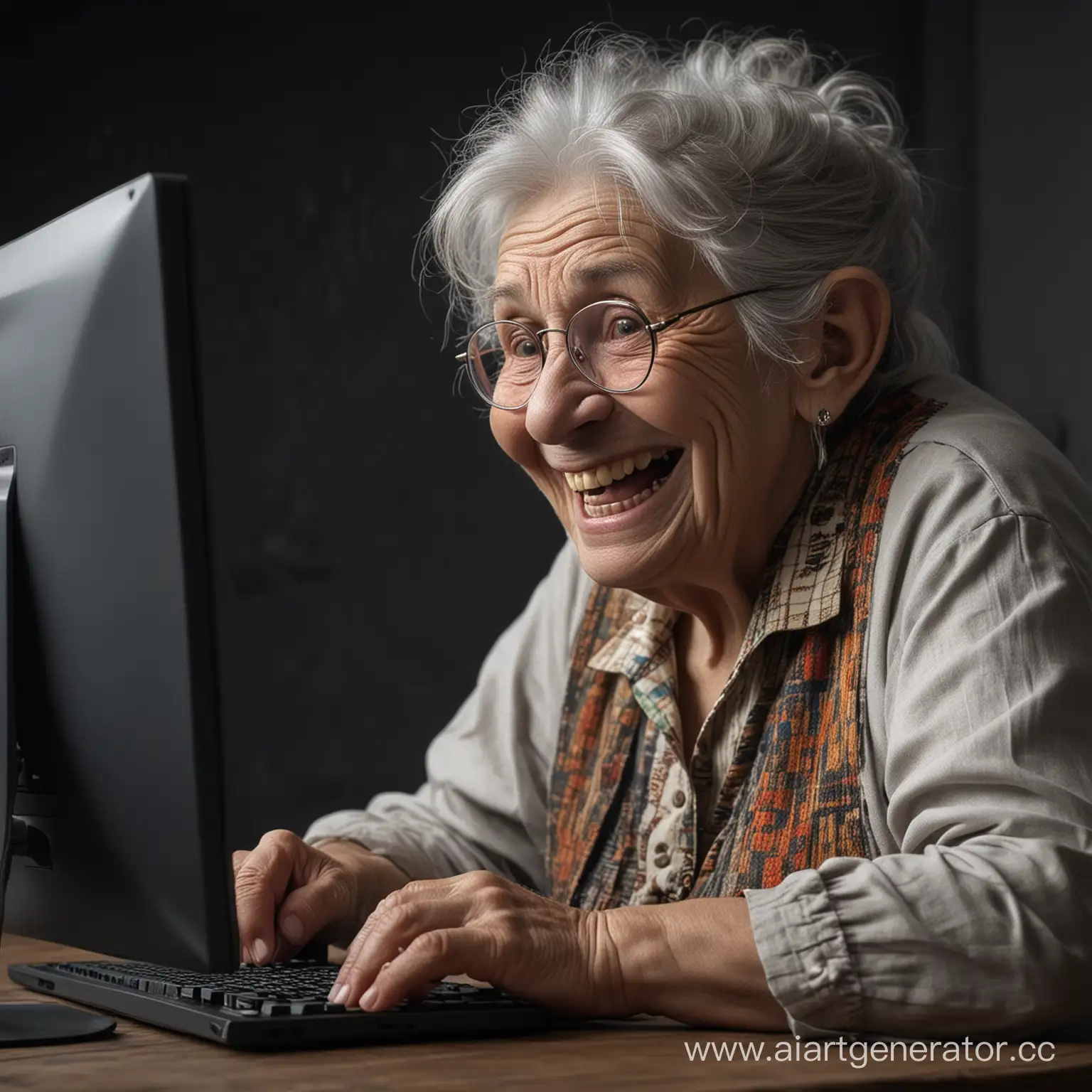старая бабка тролль сидит за компьютером, издевается над людьми на форуме и злобно смеется. компьтер виден полностью, вокруг темный свет
