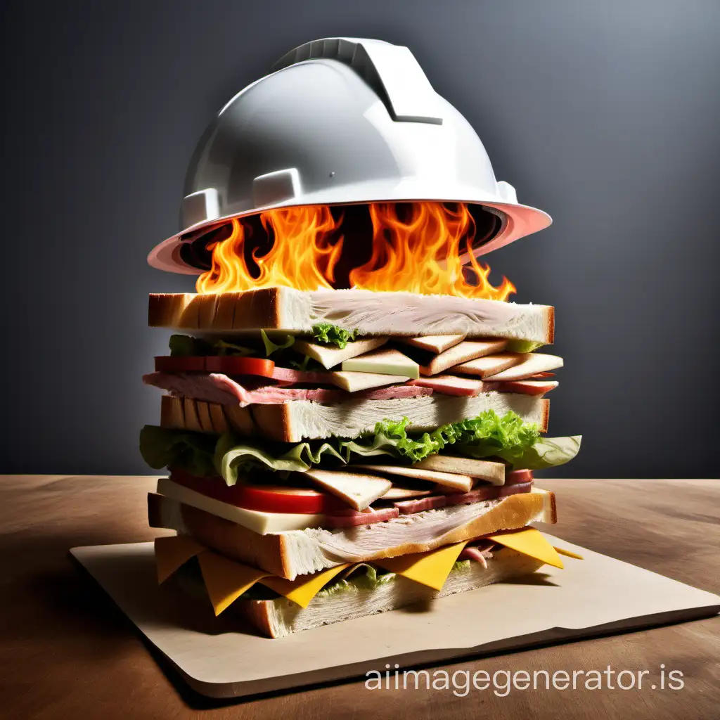 make a sandwich inside the ingredients are a
construction site helmet, a fire extinguisher, a fire nozzle
