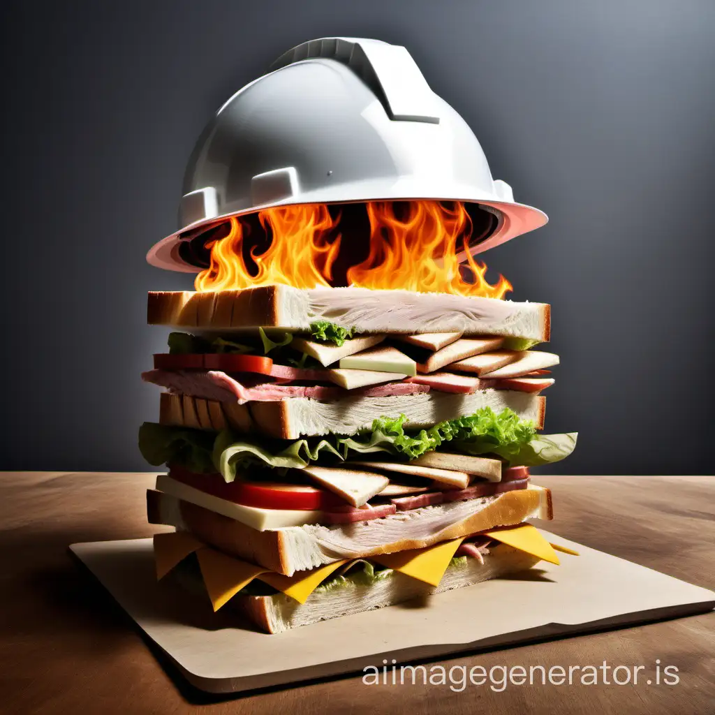 make a sandwitch inside the ingredient are a
construction site helmet, a fire extinguisher, a fire nozzle
