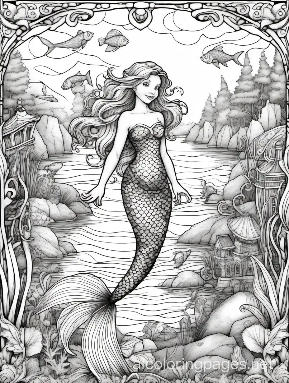 Fantasy-Mermaid-Coloring-Page-Detailed-Pen-and-Ink-Illustration-in-Thomas-Kinkade-Style