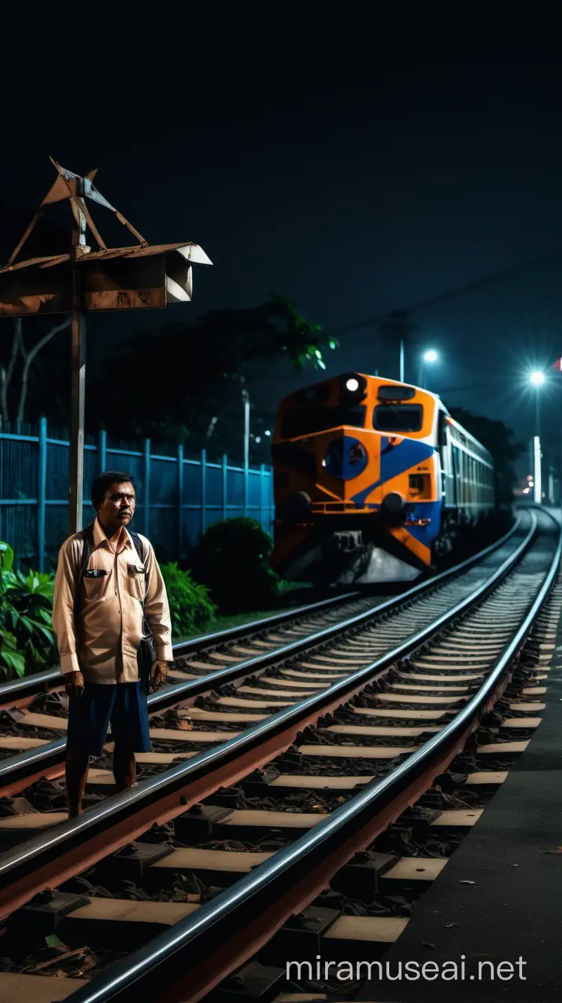 Seorang penjaga pintu lintasan di Bukit Duri, Jakarta Selatan, yang berdiri di malam hari dengan latar belakang kereta api yang melintas, cinematic format.