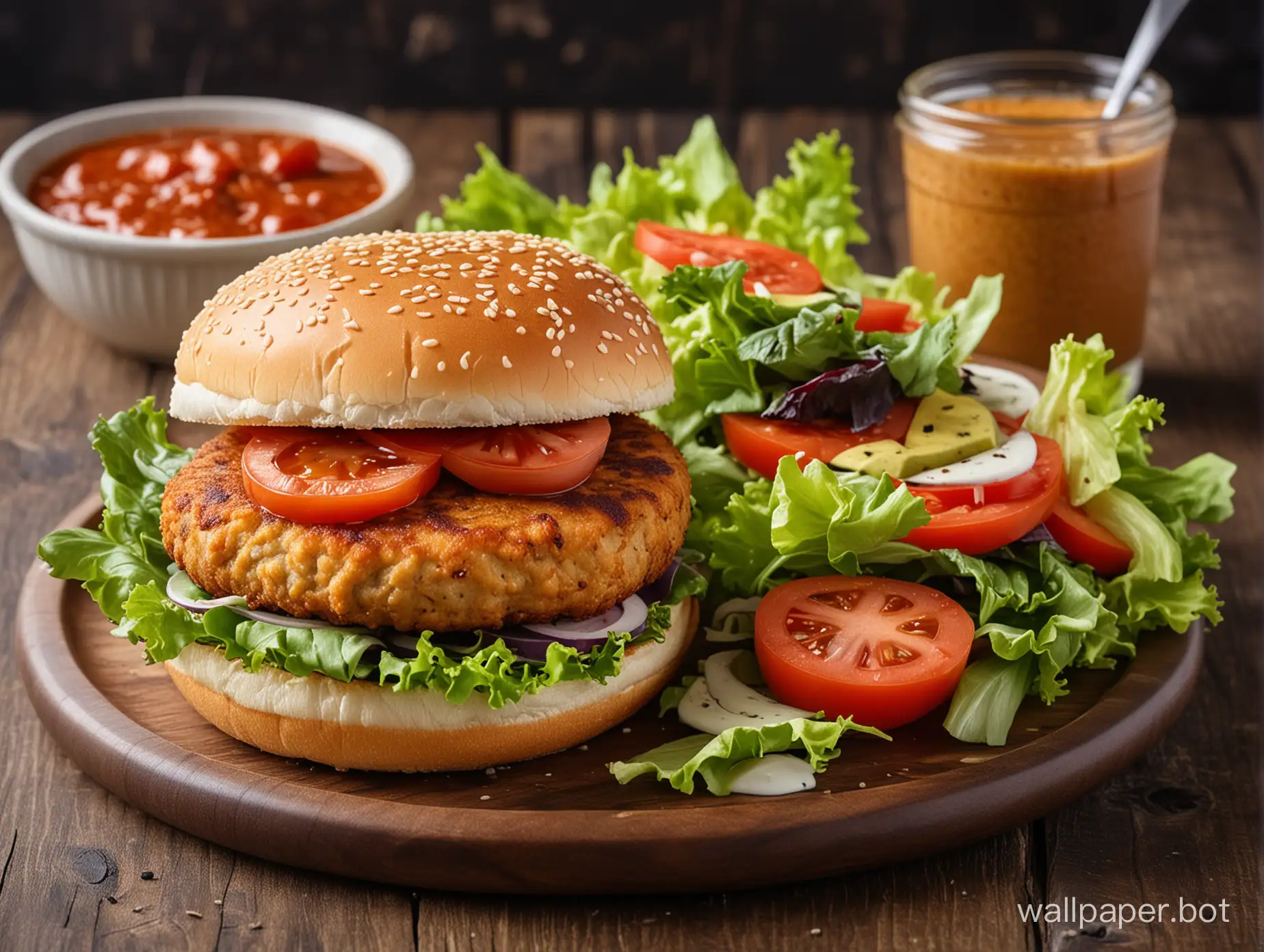 A burger with chicken cutlet, salad dressing, tomato sauce, various vegetables inside, nutritious, and delicious in color and taste.