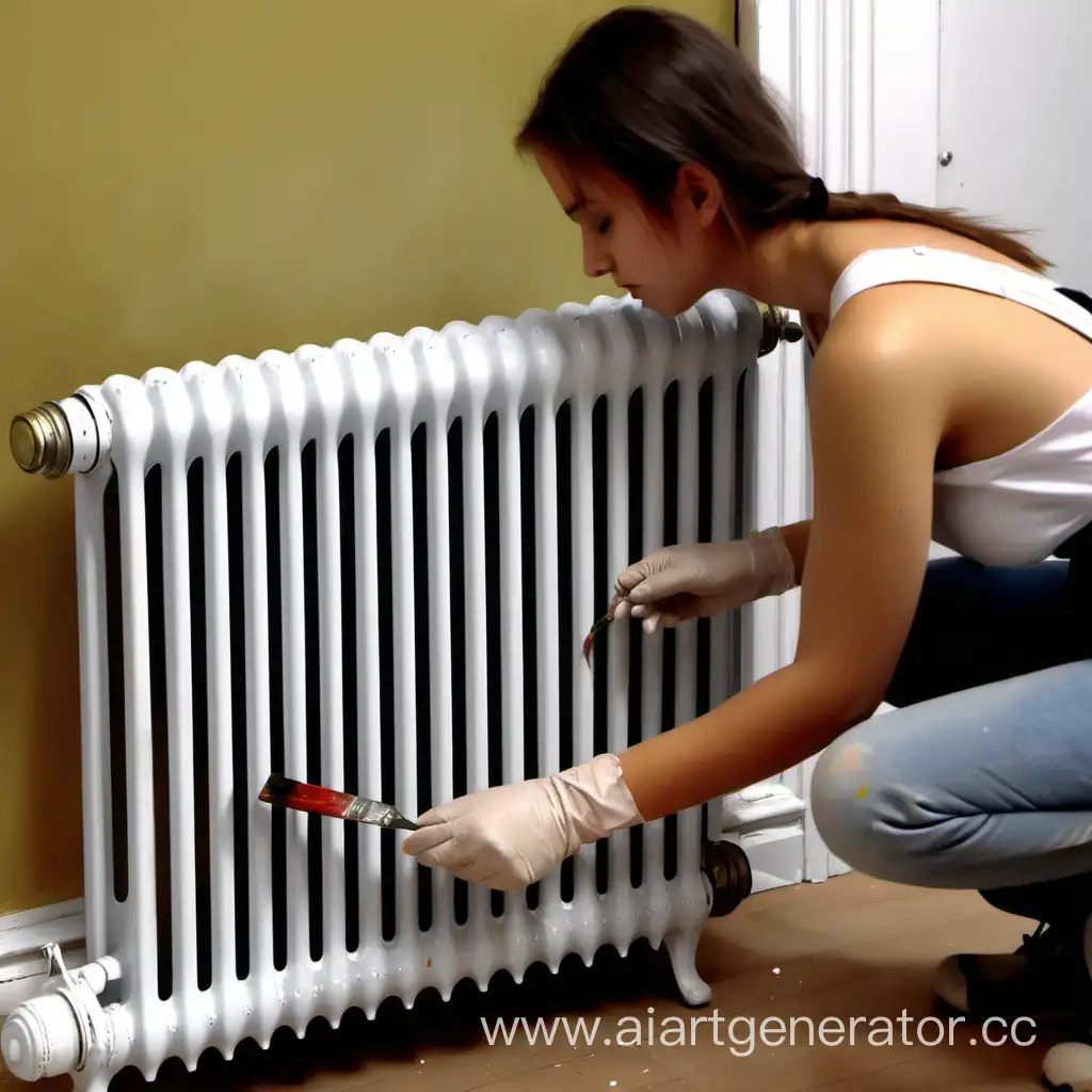 Girl-Painting-Antique-Heating-Radiator-with-Can-of-Paint