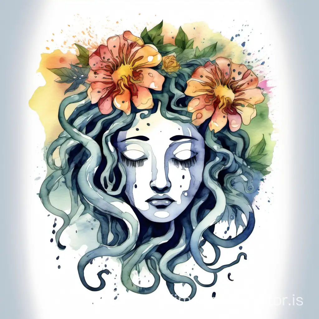 Abstract cartoonish watercolor design of a sad crying medusa face with flowers around, sumi-e watercolor style, tshirt print design, with empty background
