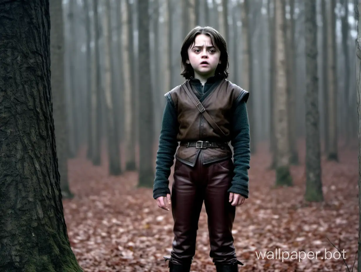 Arya Stark, an 11-year-old girl in leather trousers, calls us to herself in the winter forest.