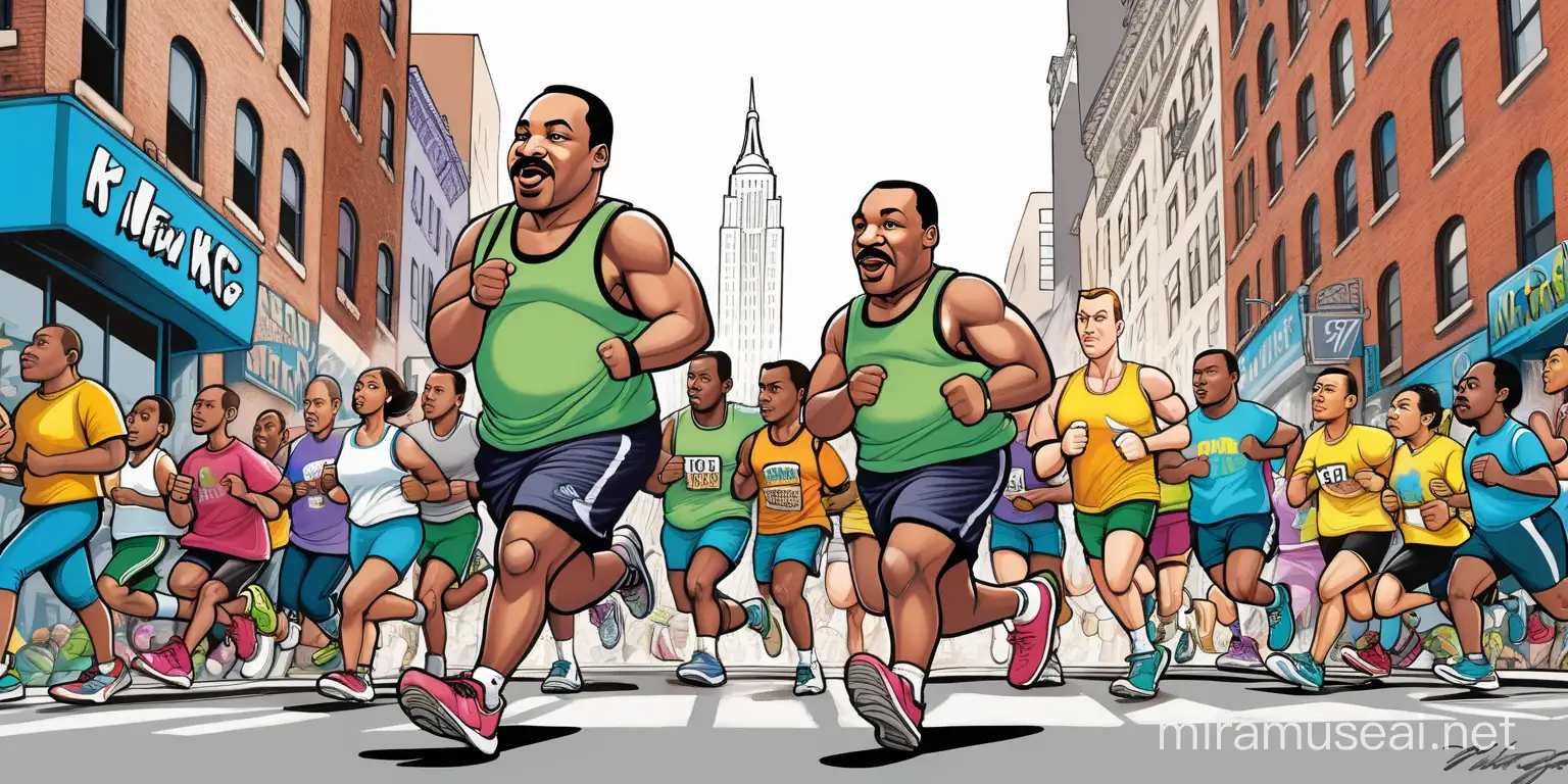 very colorful, cartoon style, Martin Luther King Jr, jogging, in the streets of New York