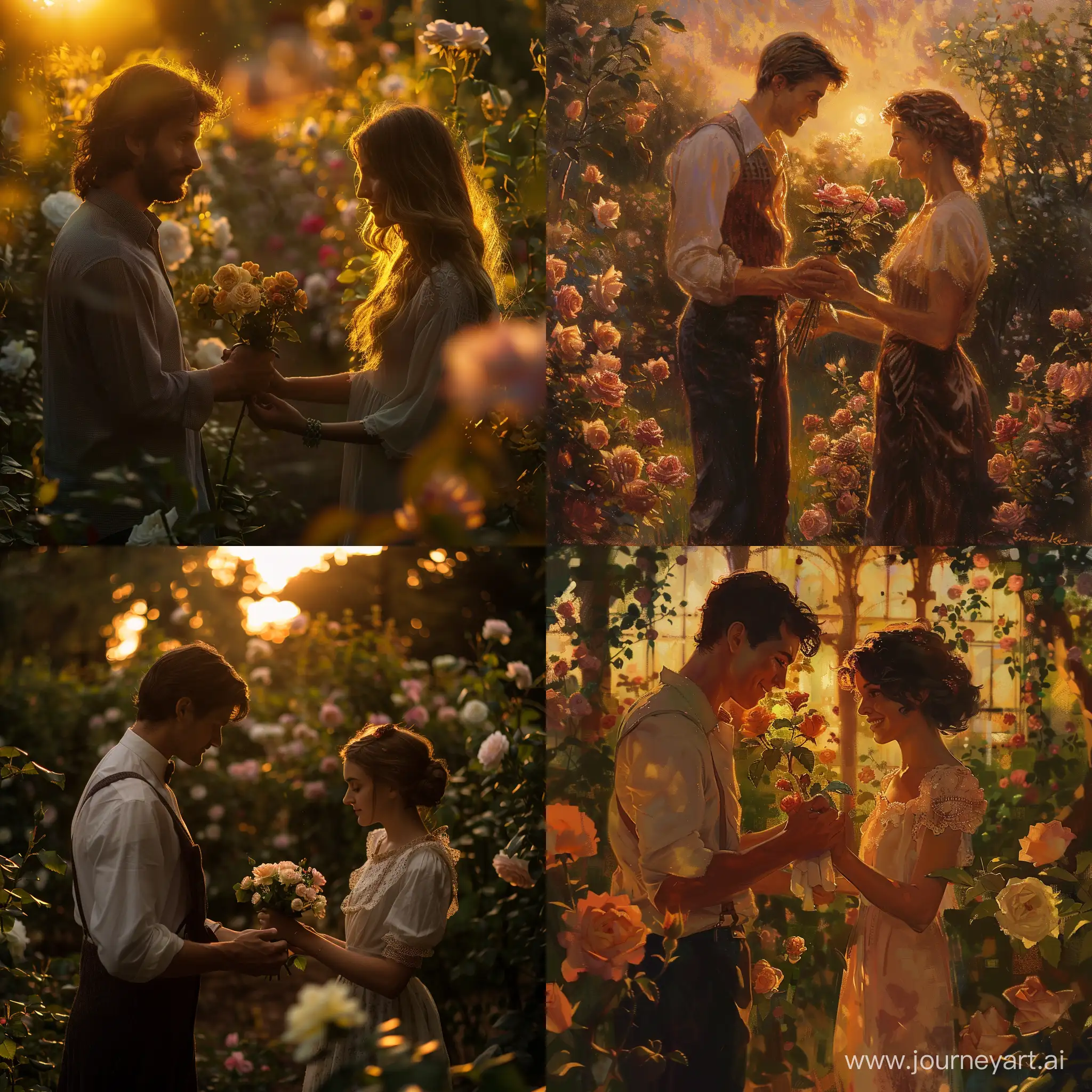 Romantic-Gesture-Man-Giving-Flowers-to-Woman-in-Rose-Garden-at-Sunset